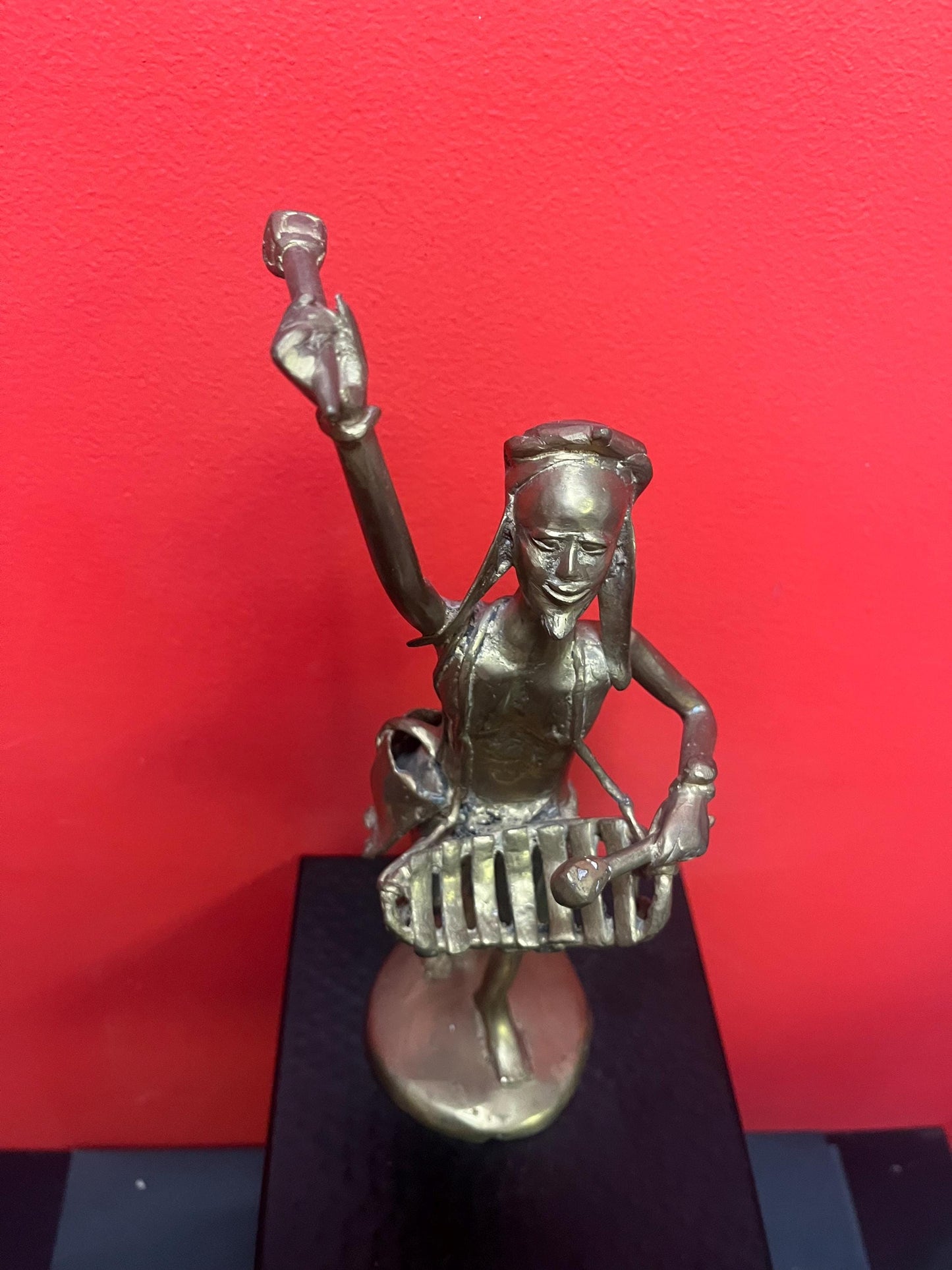 Absolutely stunning 14 inch tall, antique Ashanti African bronze statue of a drummer  from major collection with amazing patina