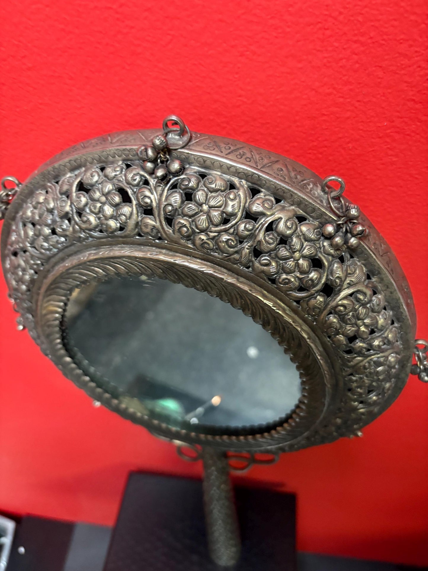 Stunning Persian untested 17 by 9 inch hand mirror - great antique condition and wonderful decor or gift  unusual and super detail - wow
