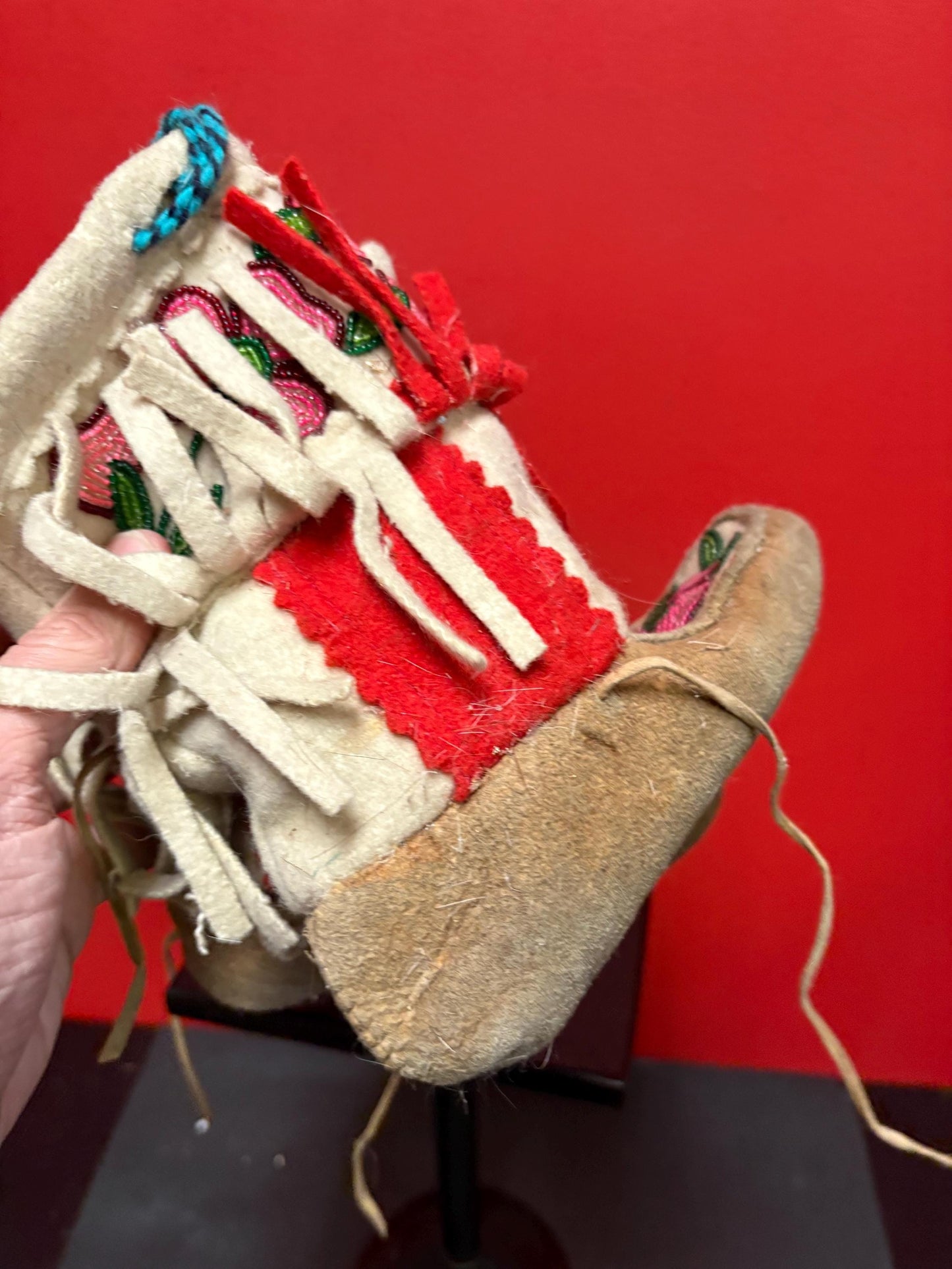 Beautiful first nation Pacific Northwest coast fabric and leather and beaded moccasin boots good antique condition 7 x 8 inches high-