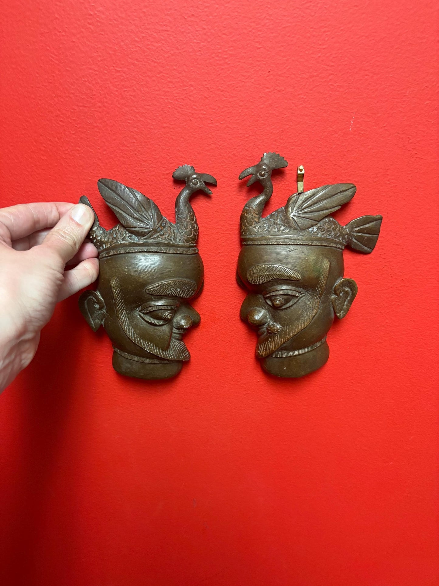 Pr African Benin bronze 18th century masks  8 x 4 inches wide - great detail and heavy  really special pair
