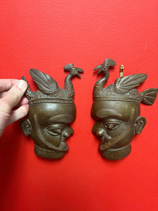 Pr African Benin bronze 18th century masks  8 x 4 inches wide - great detail and heavy  really special pair