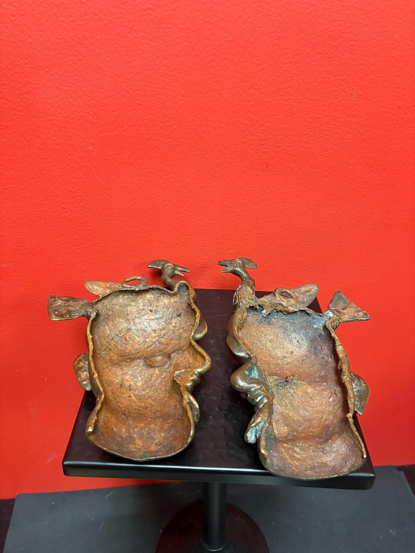 Pr African Benin bronze 18th century masks  8 x 4 inches wide - great detail and heavy  really special pair