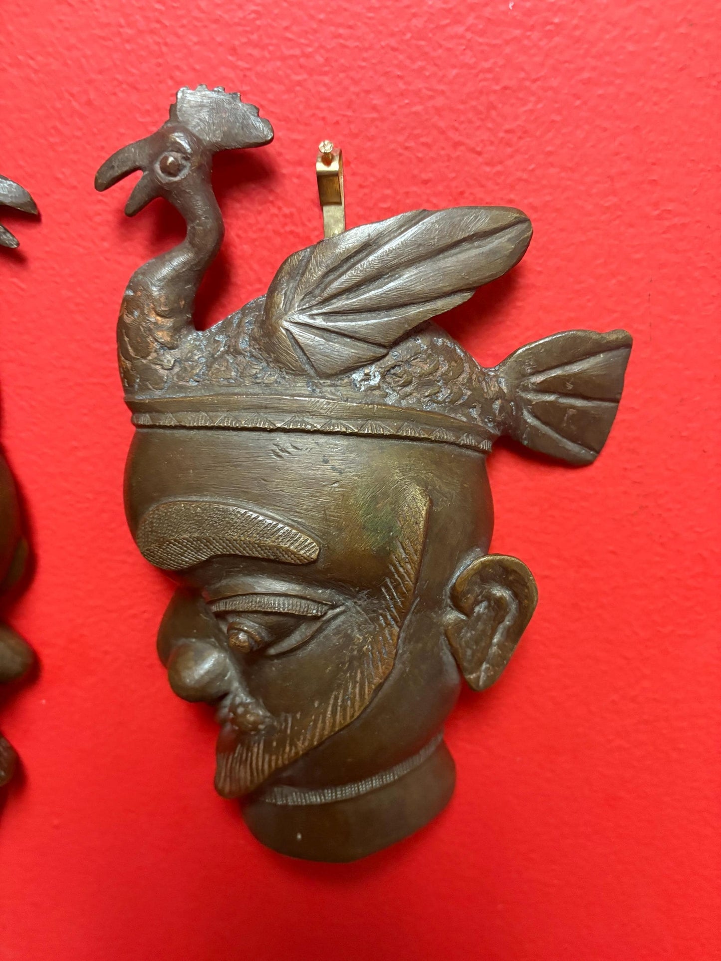 Pr African Benin bronze 18th century masks  8 x 4 inches wide - great detail and heavy  really special pair