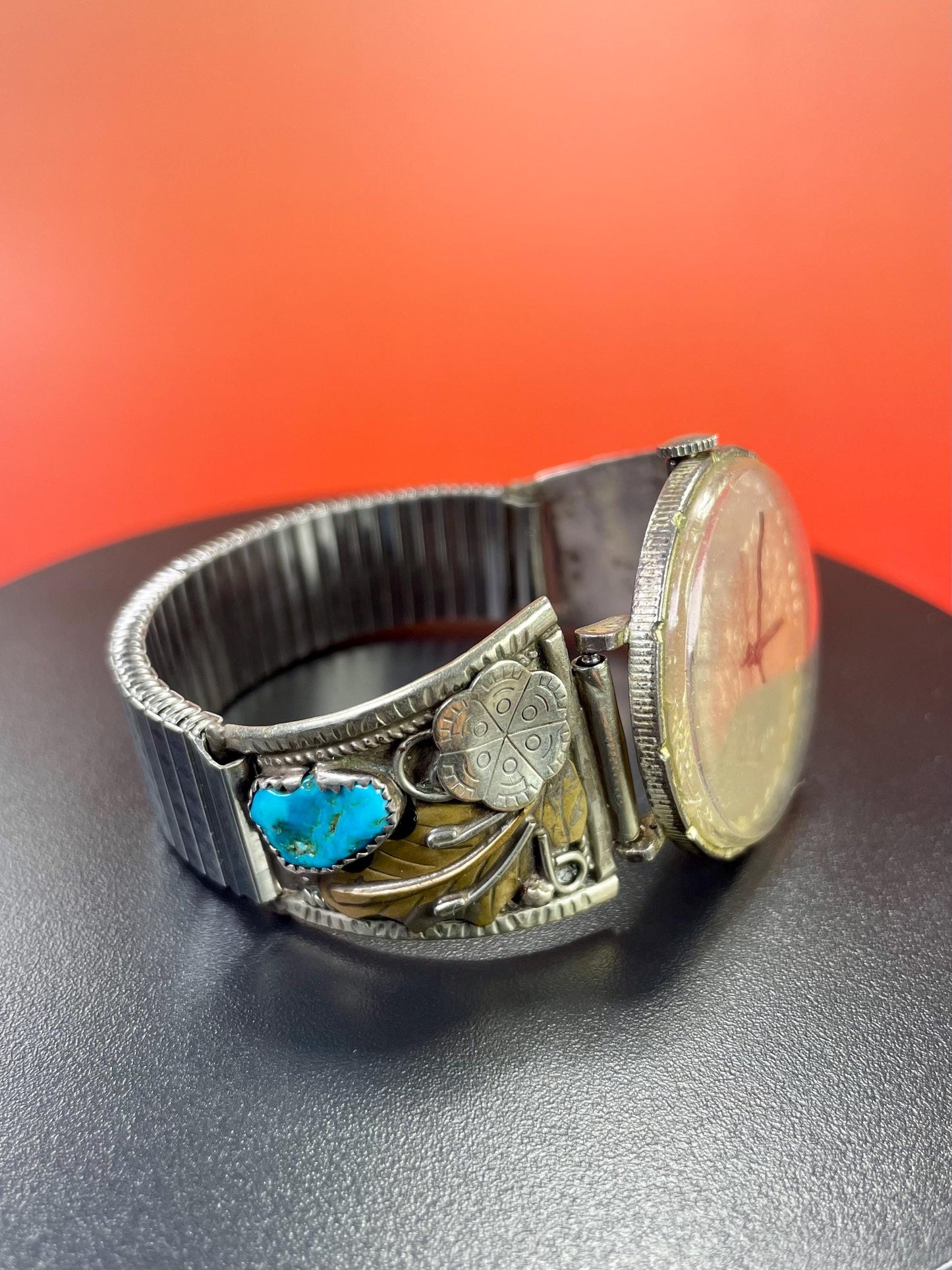 Lovely Navajo watch with coin face and expandible band  sold as is  good project and great value