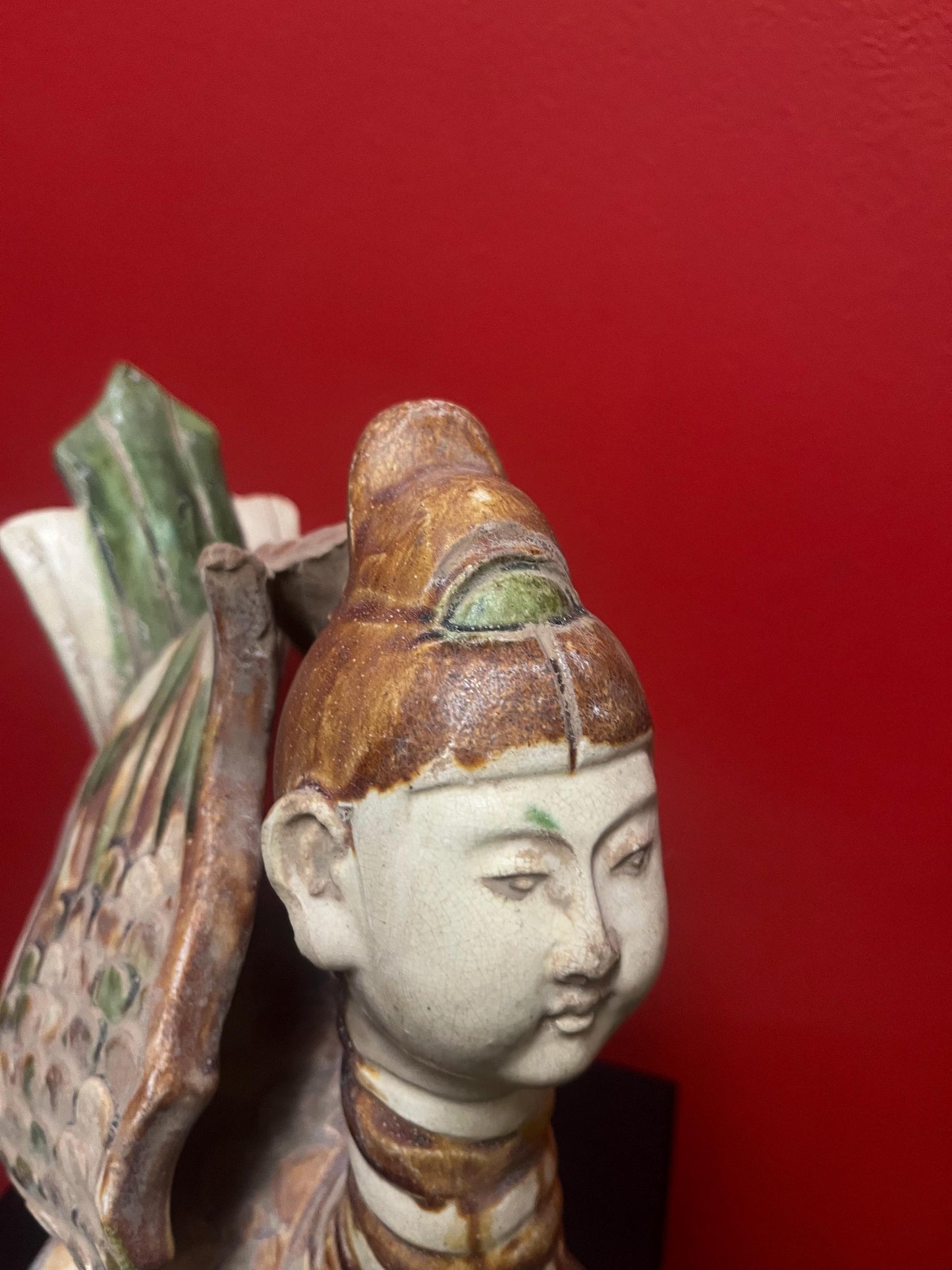 Amazing antique Chinese 13 x 11 high clay statue of a woman Phoenix  incredible condition and wonderful look   wow