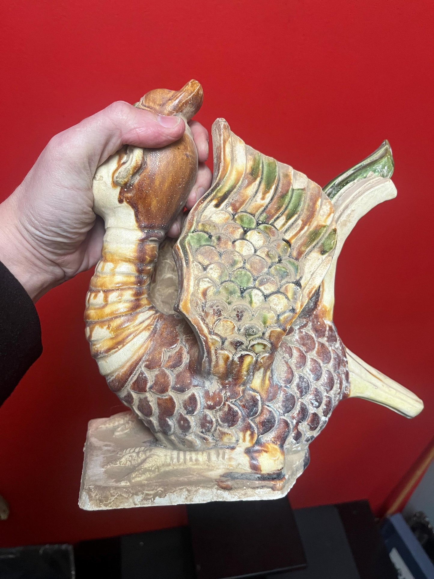 Amazing antique Chinese 13 x 11 high clay statue of a woman Phoenix  incredible condition and wonderful look   wow