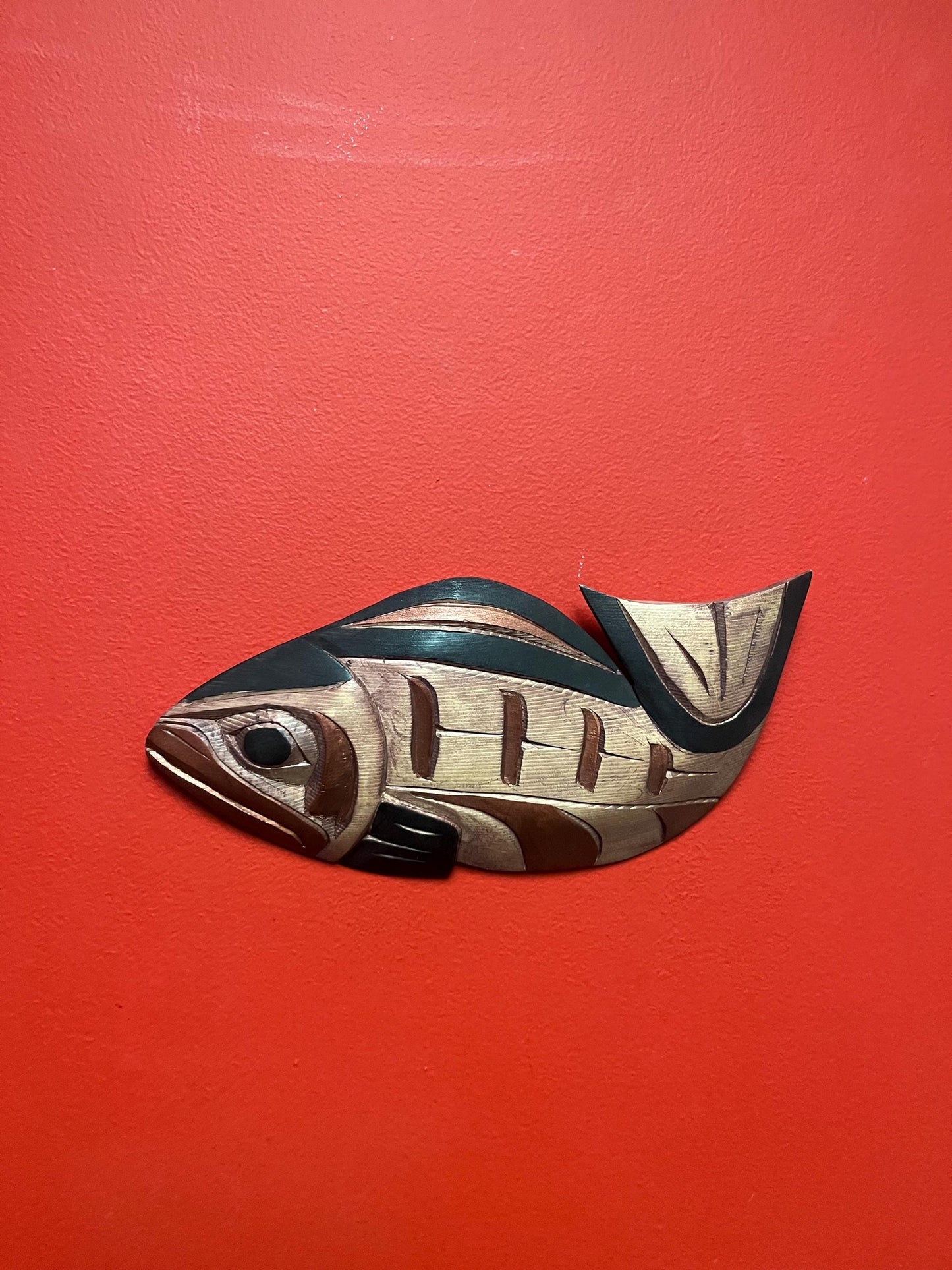 Lovely 12 inch long Charles George salmon plaque ready to hang - indigenous first nation Pacific Northwest Coast beauty