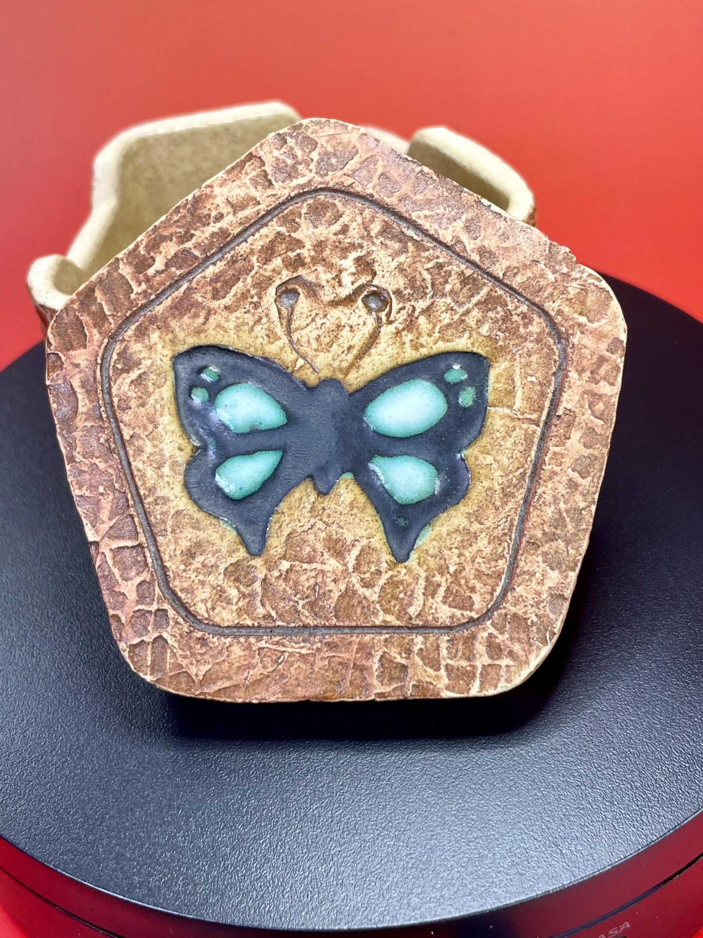 A Fabulous 3 inch wide lidded pottery dish  Butterfly design perfect condition