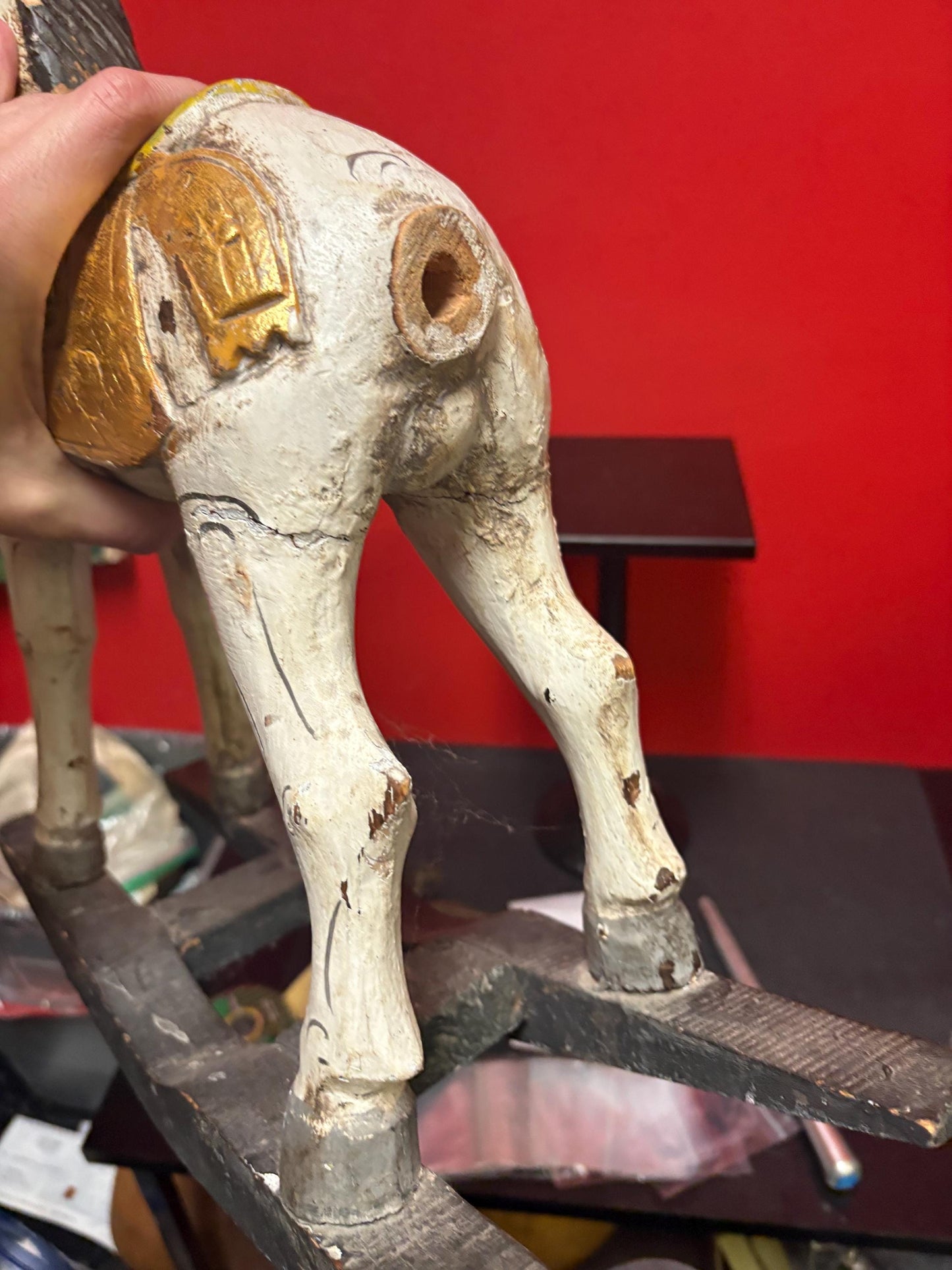 19 x 21“ high antique primitive wooden polychrome painted rocking horse in used condition  see photos  perfect home or cabin decor