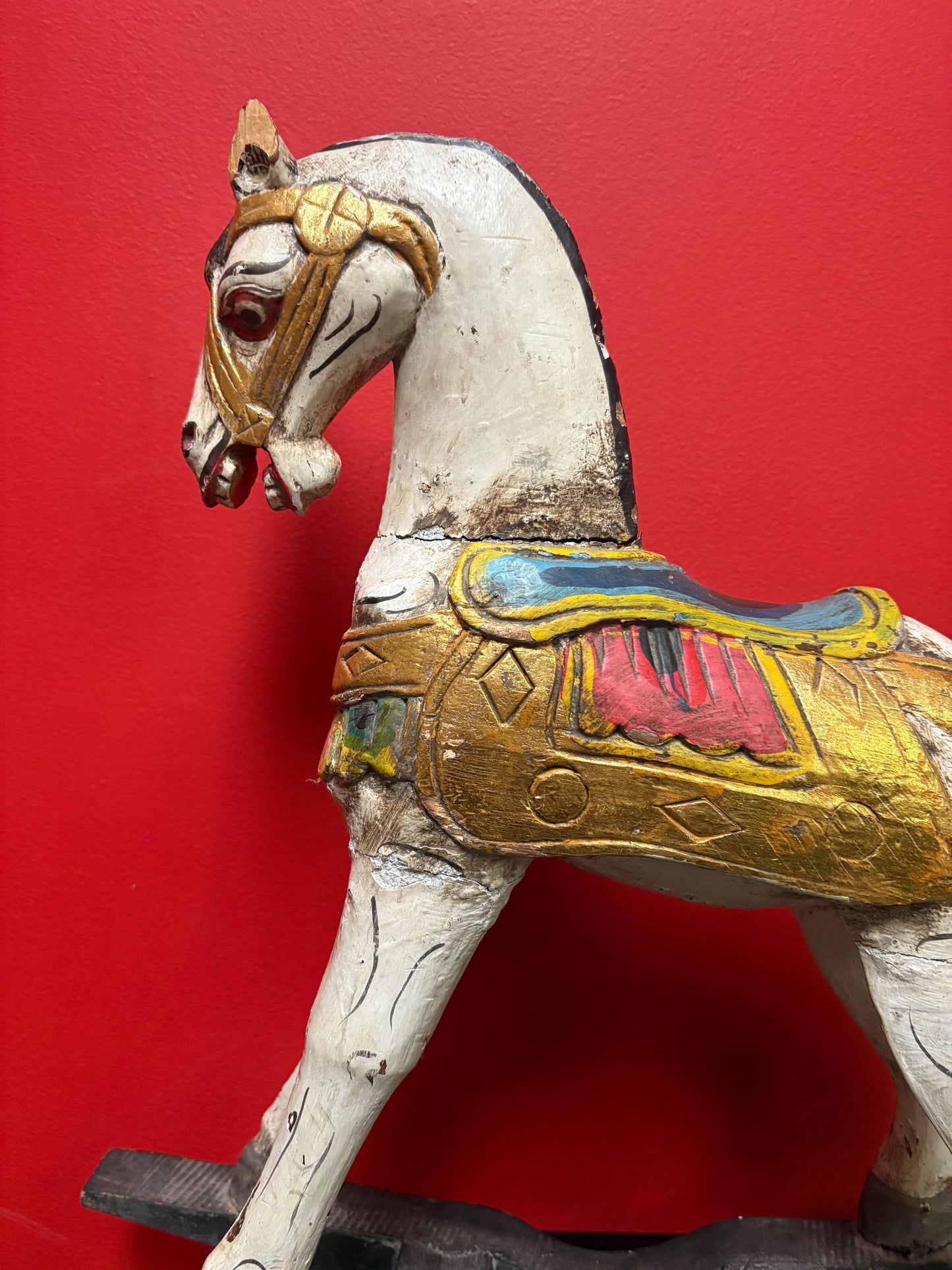 19 x 21“ high antique primitive wooden polychrome painted rocking horse in used condition  see photos  perfect home or cabin decor