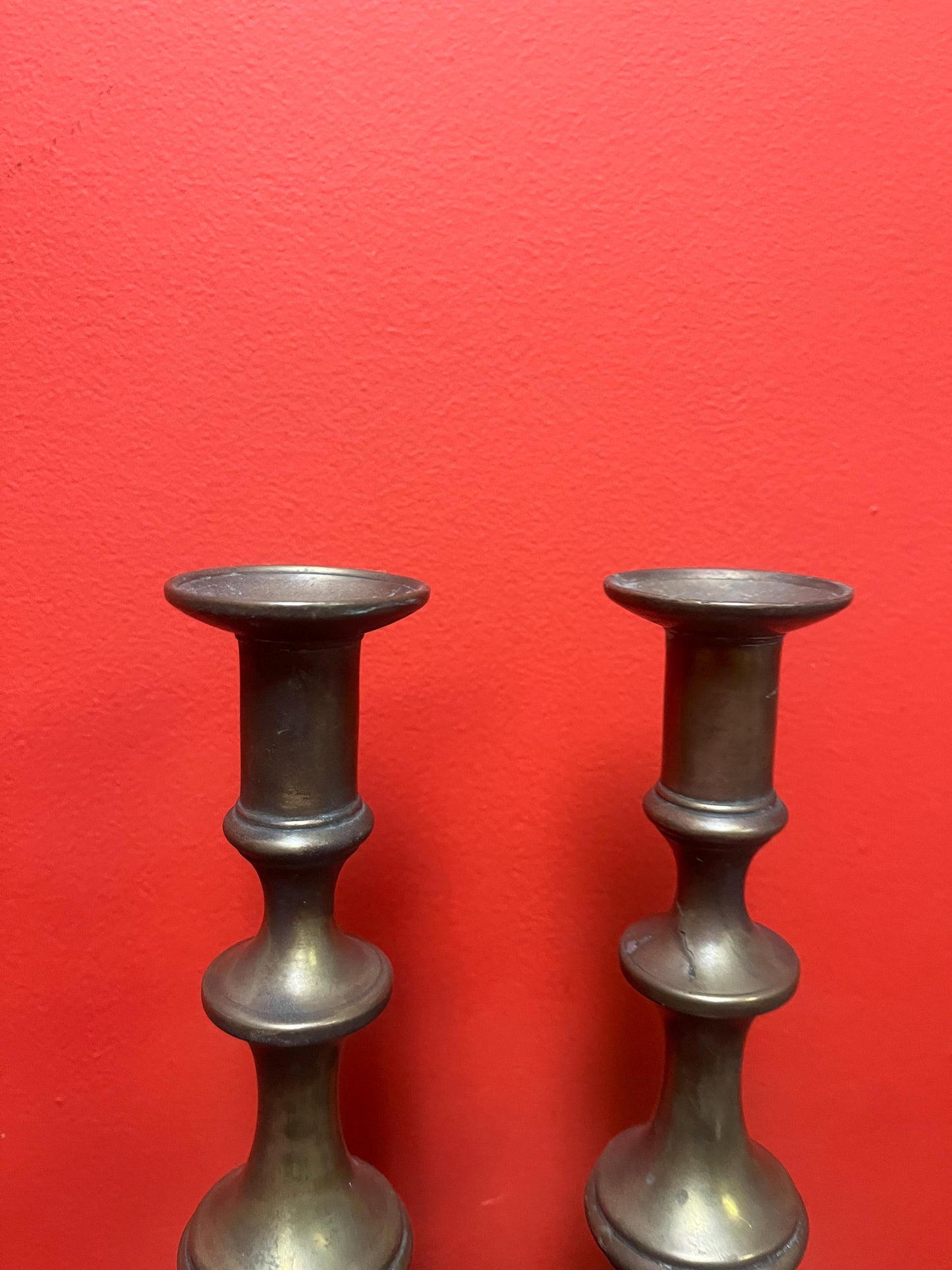Beautiful antique brass candlesticks  11 inches tall and stable on the table - lovely pair
