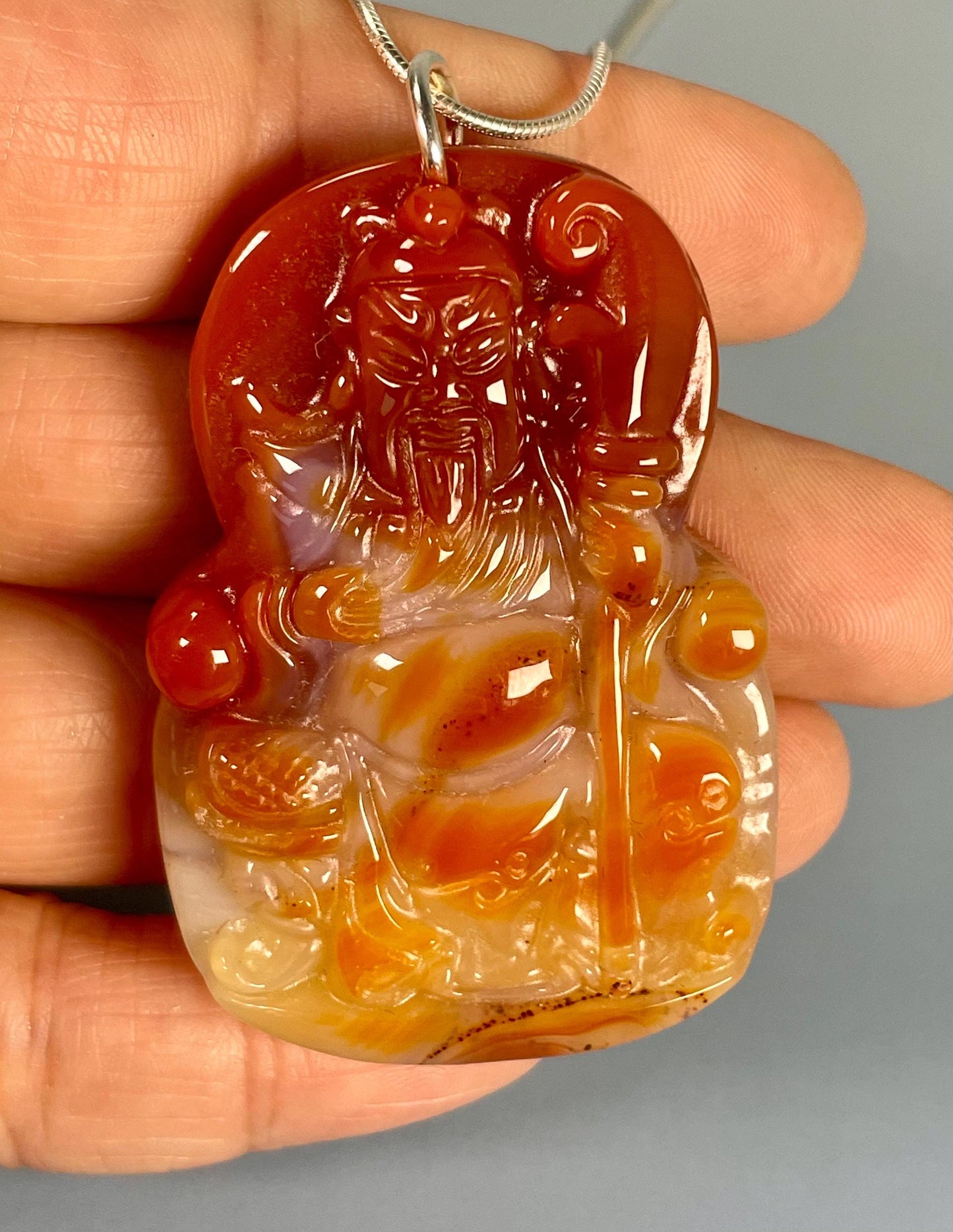 Hand-Carved Agate Shou Pendant  Symbol of Longevity & Prosperity