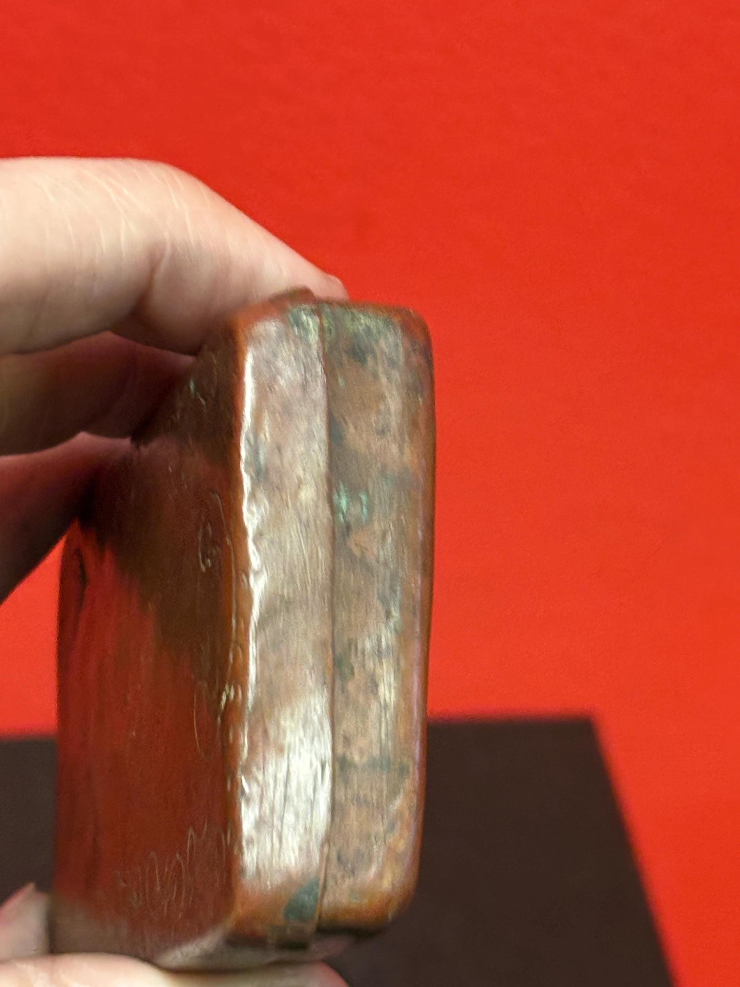 Remarkable ancient Chinese copper snuff  box   4 x 2.5 x .5 high- intensely simple  wow
