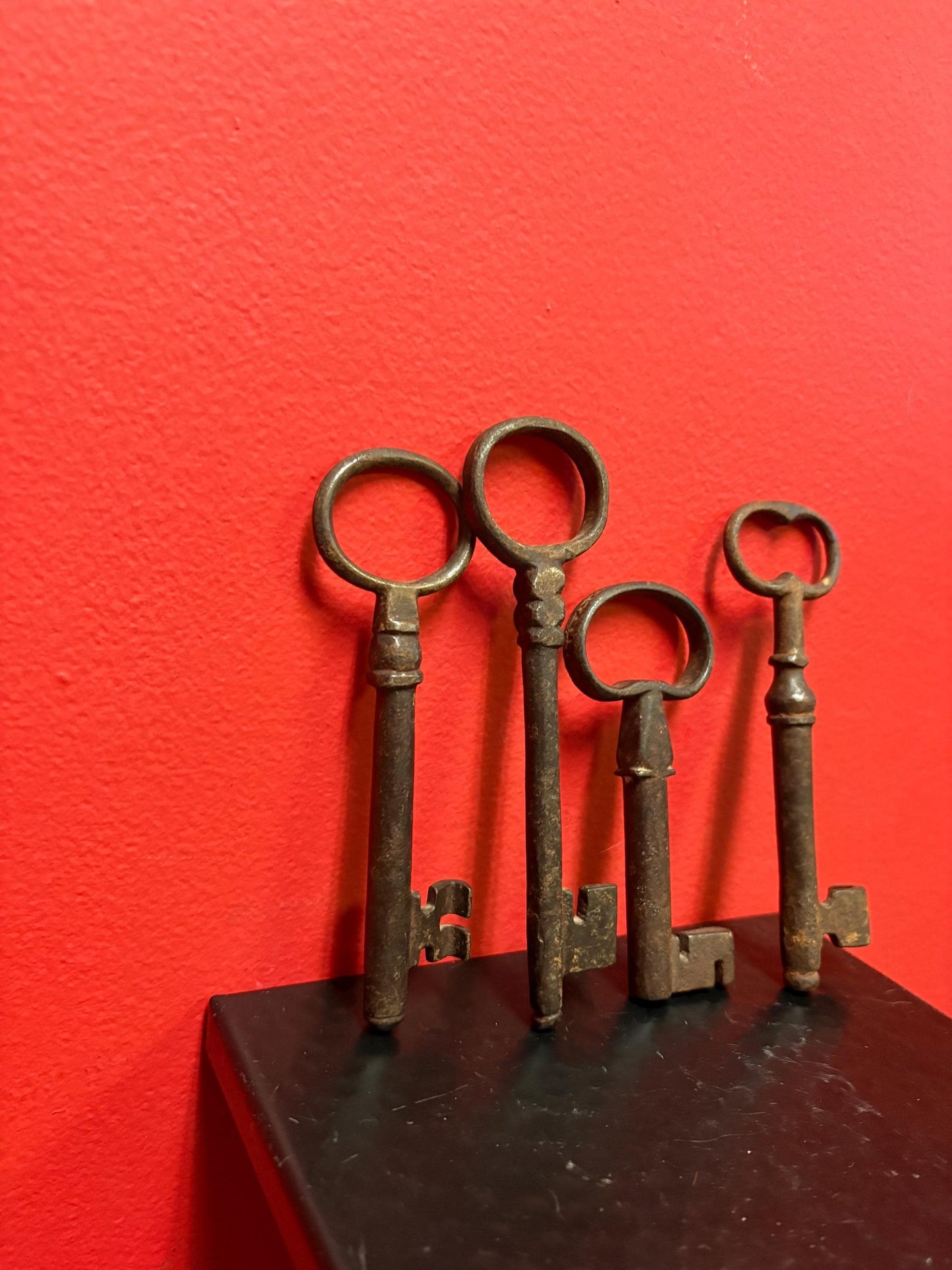 group of antique authentic early 19 century door keys — wonderful Patina — 4.5 to 6 inches tall each
