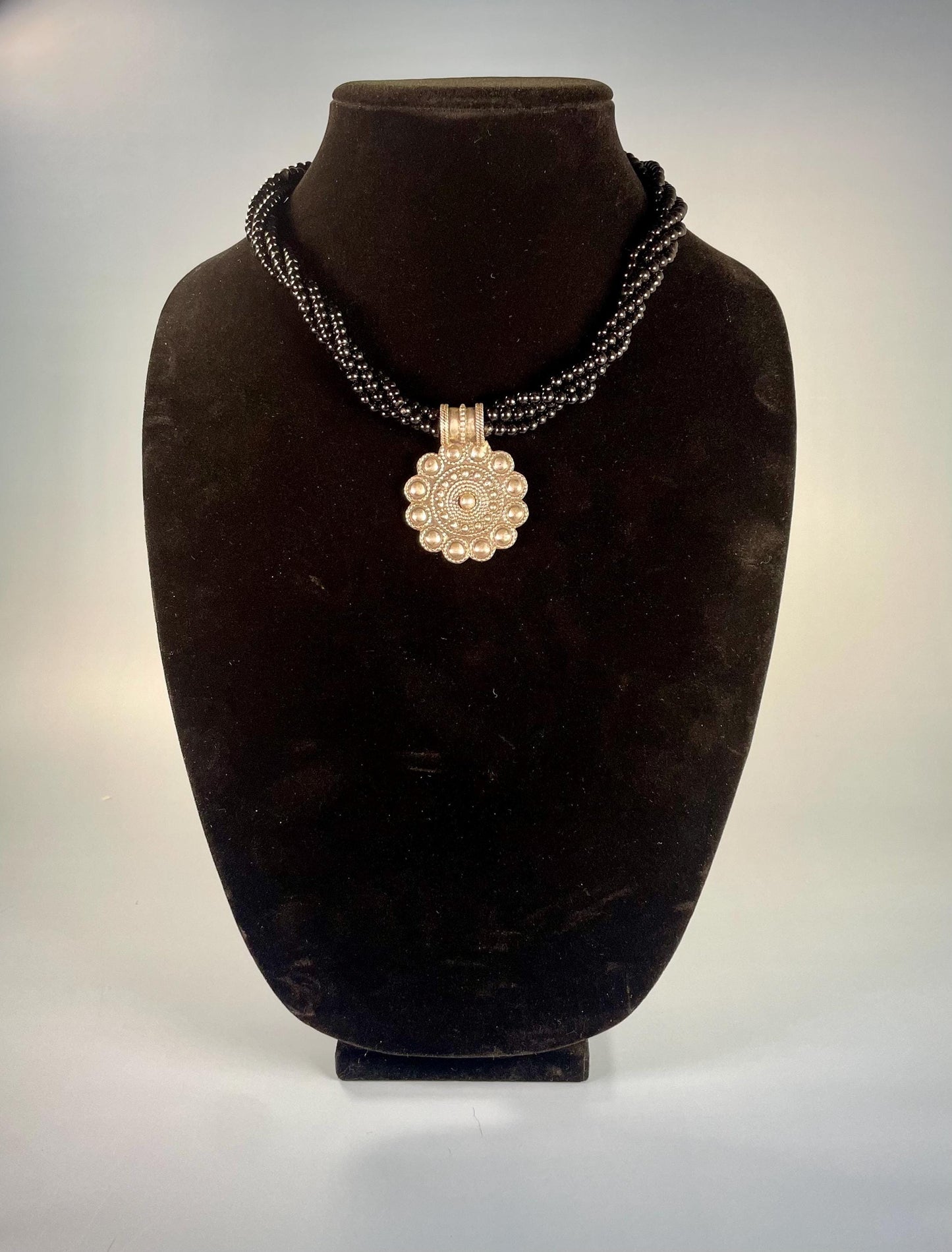 Black Beaded Necklace With Metal Pendant