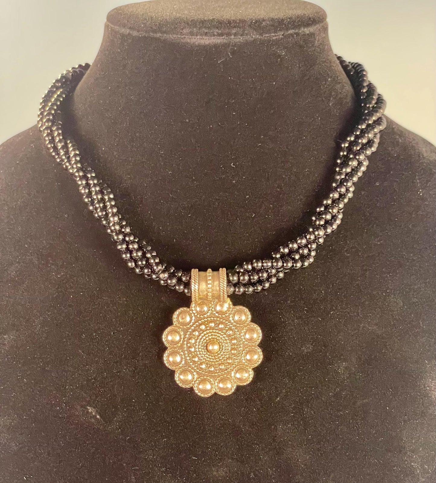 Black Beaded Necklace With Metal Pendant