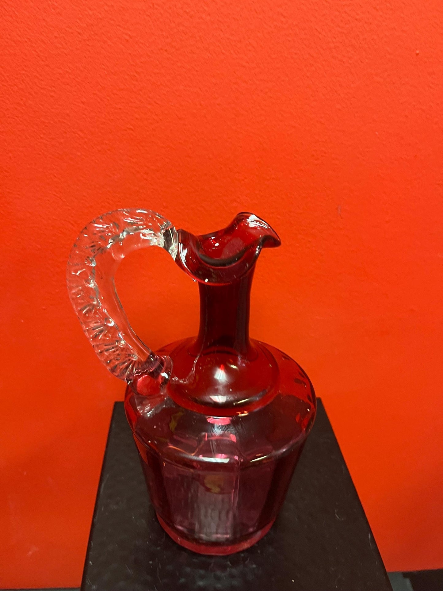 Beautiful 9 inch tall antique English Victorian cranberry glass pitcher jug  perfect for flowers  great price