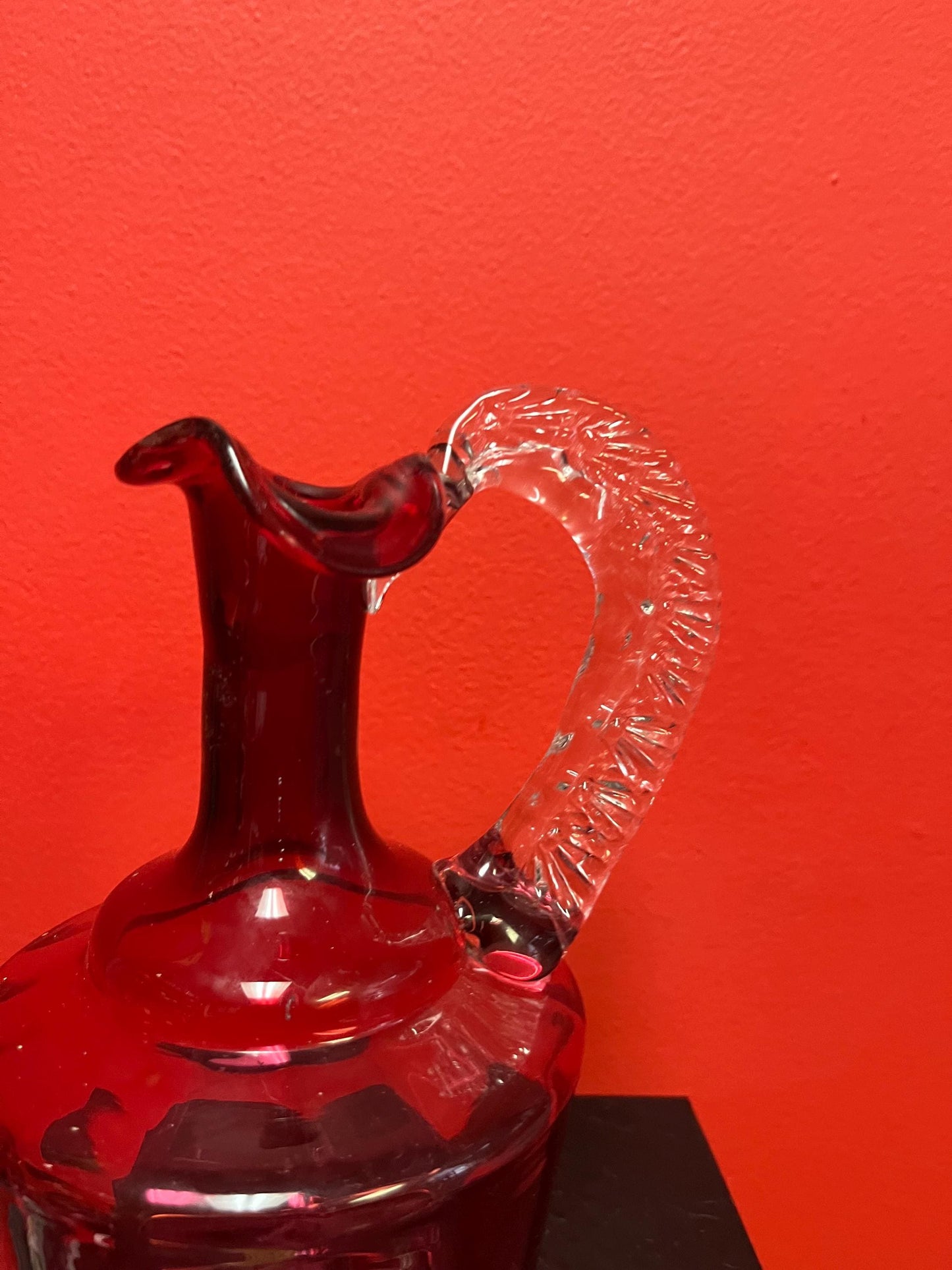 Beautiful 9 inch tall antique English Victorian cranberry glass pitcher jug  perfect for flowers  great price