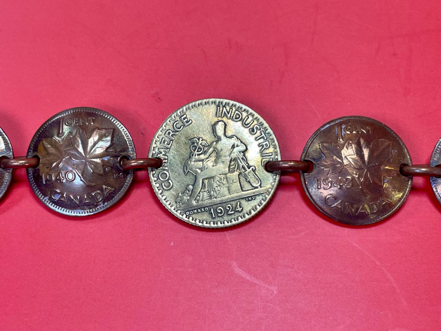 Lovely old handmade 7.5 inch long Canadian Penny bracelet   unique and wonderful gift