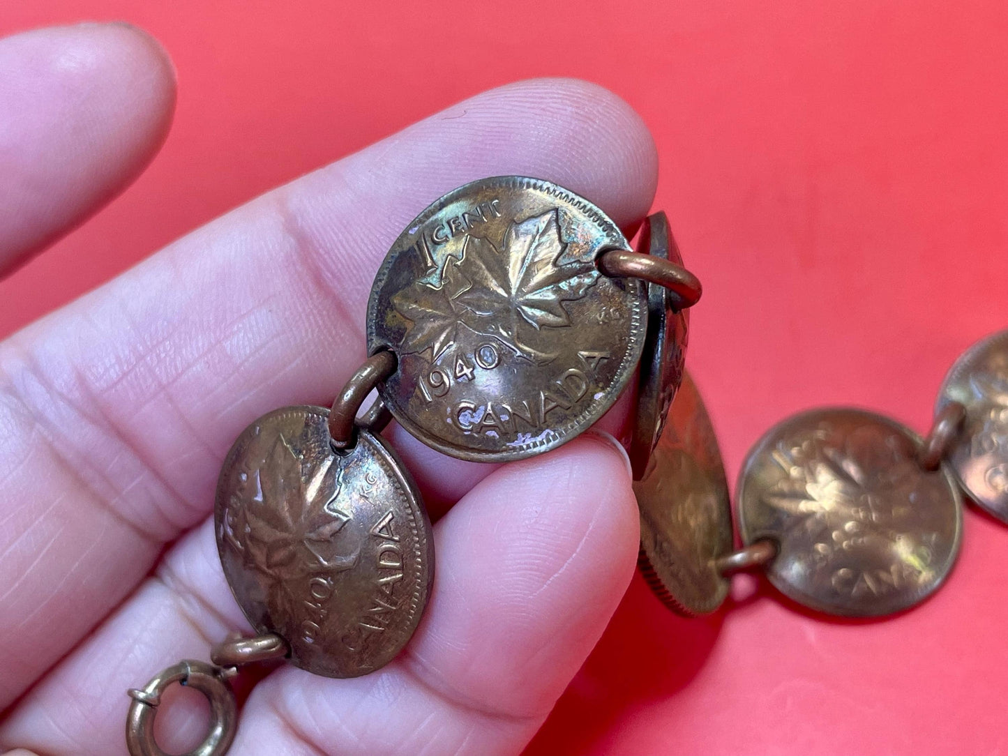 Lovely old handmade 7.5 inch long Canadian Penny bracelet   unique and wonderful gift