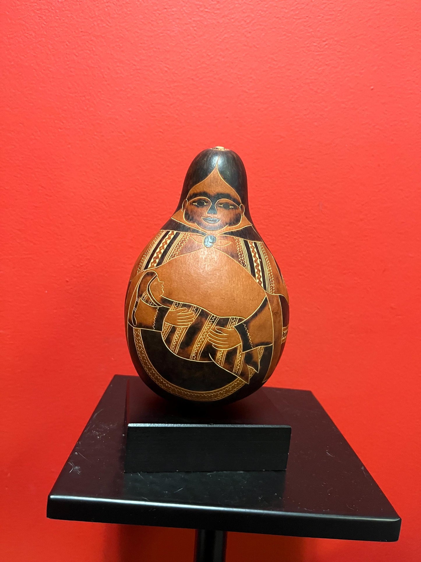 7 inch signed Peruvian signed statue rattle on Stand  good value   mother holding baby