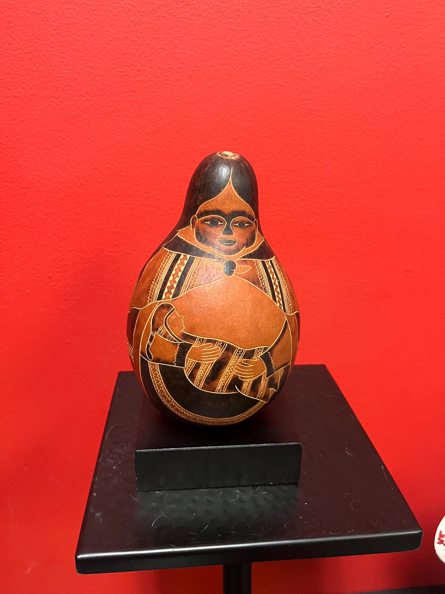 7 inch signed Peruvian signed statue rattle on Stand  good value   mother holding baby