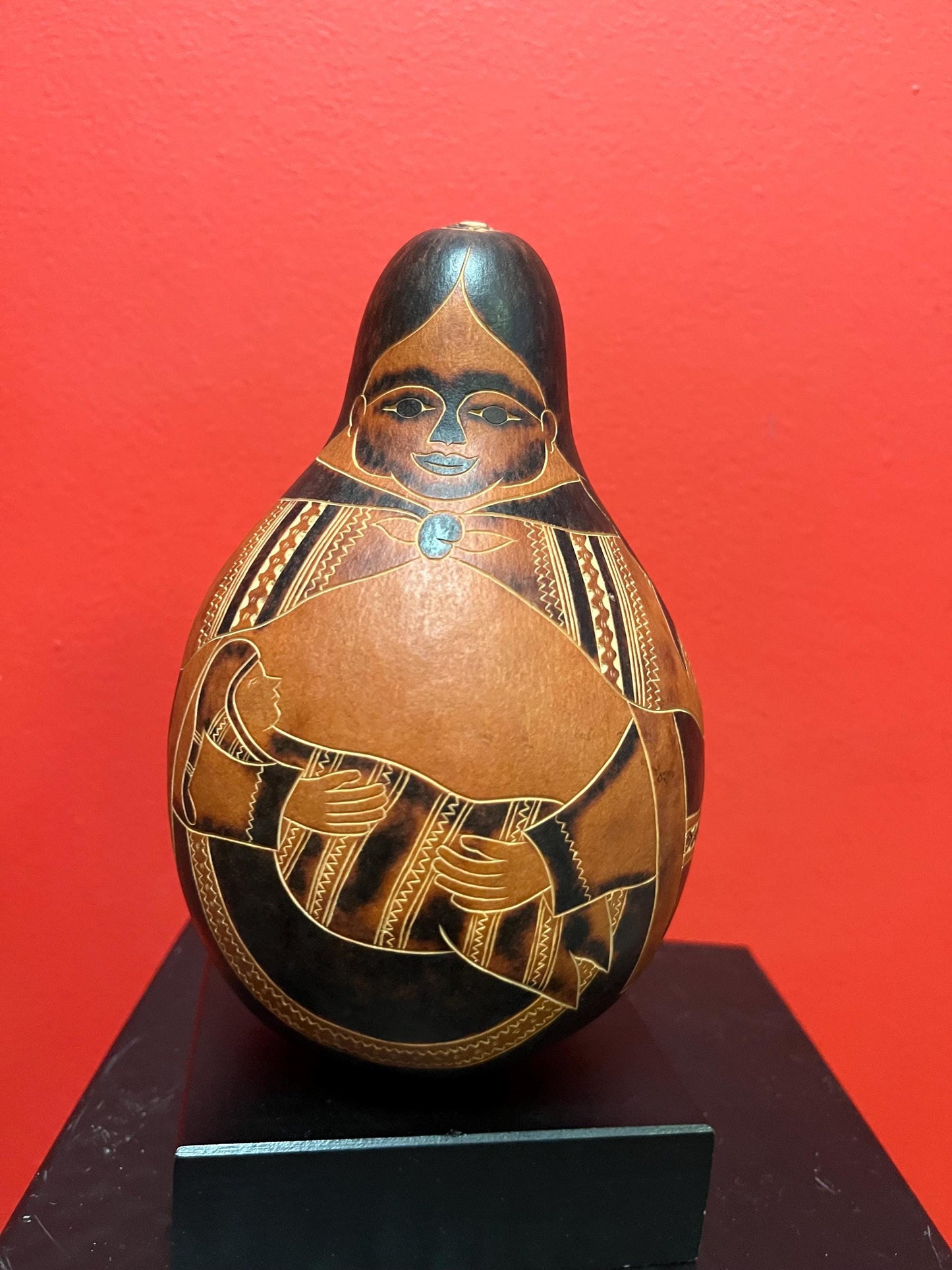 7 inch signed Peruvian signed statue rattle on Stand  good value   mother holding baby