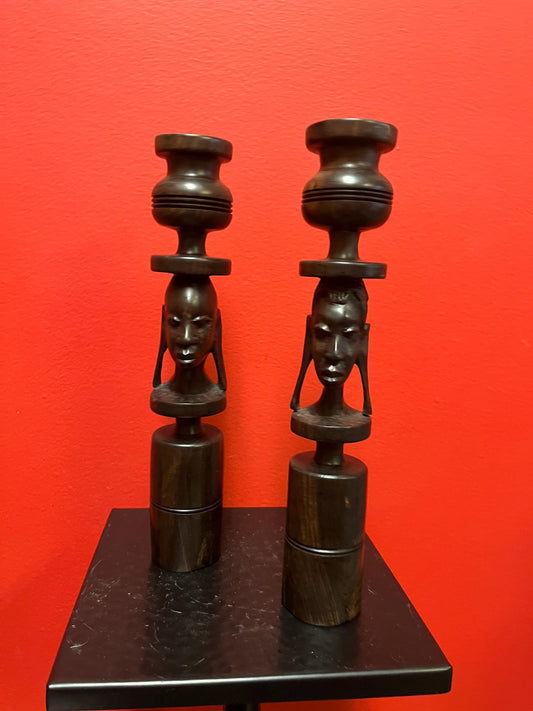 Lovely African Ebony wood candlesticks  10 inches tall  his and hers  great value