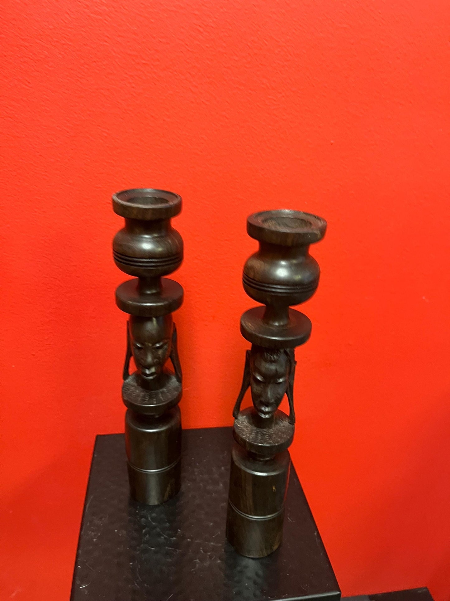 Lovely African Ebony wood candlesticks  10 inches tall  his and hers  great value