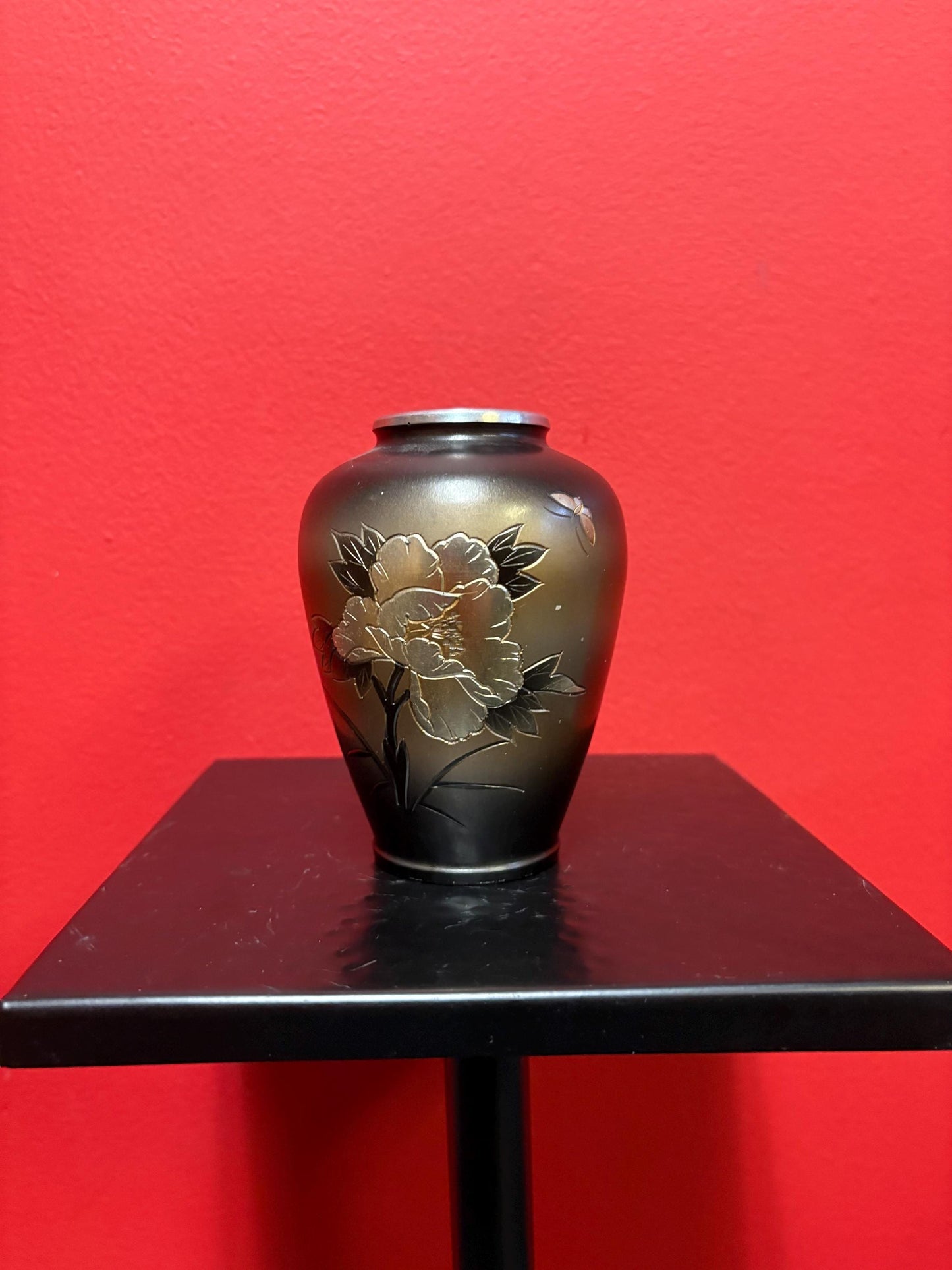 Lovely old 5 inch tall Japanese bronze vase  butterfly and flowers  see photos  great value