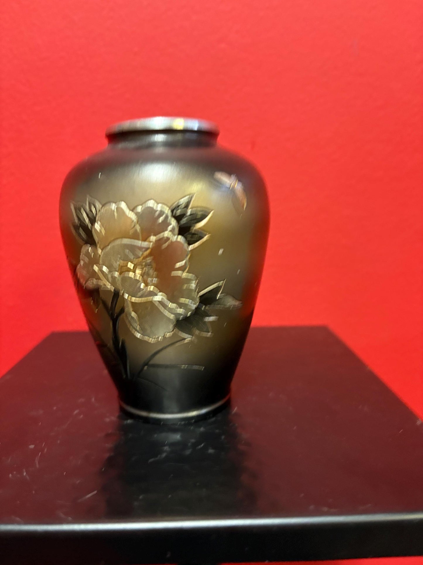 Lovely old 5 inch tall Japanese bronze vase  butterfly and flowers  see photos  great value