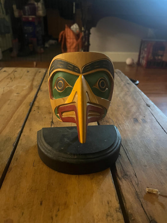 Stunning 7 inch indigenous first nations Pacific Northwest painted mask on stand  amazing detail and quality wow