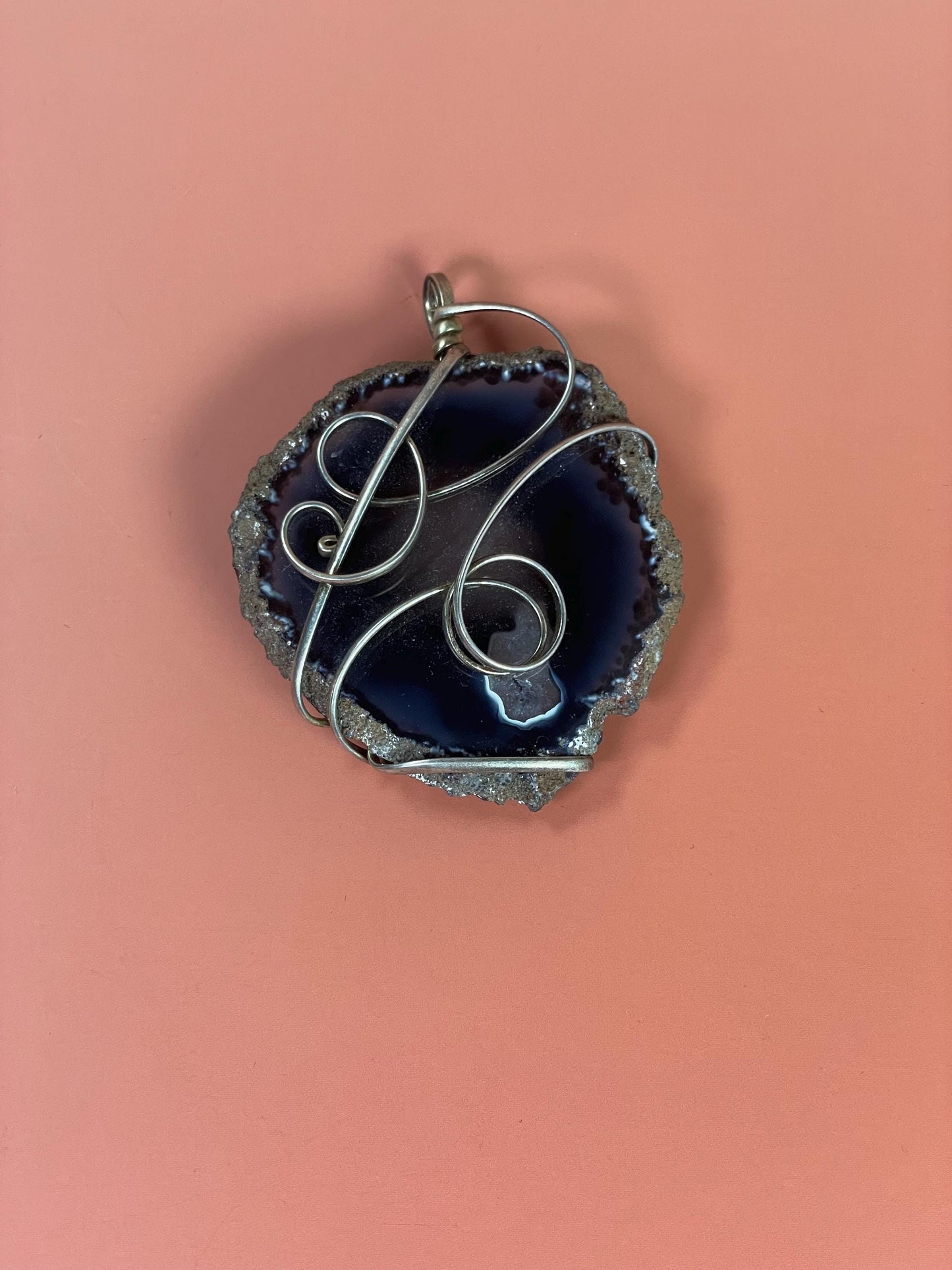 Silver Wire-Wrapped Polished Geode Pendant 3.25 inches