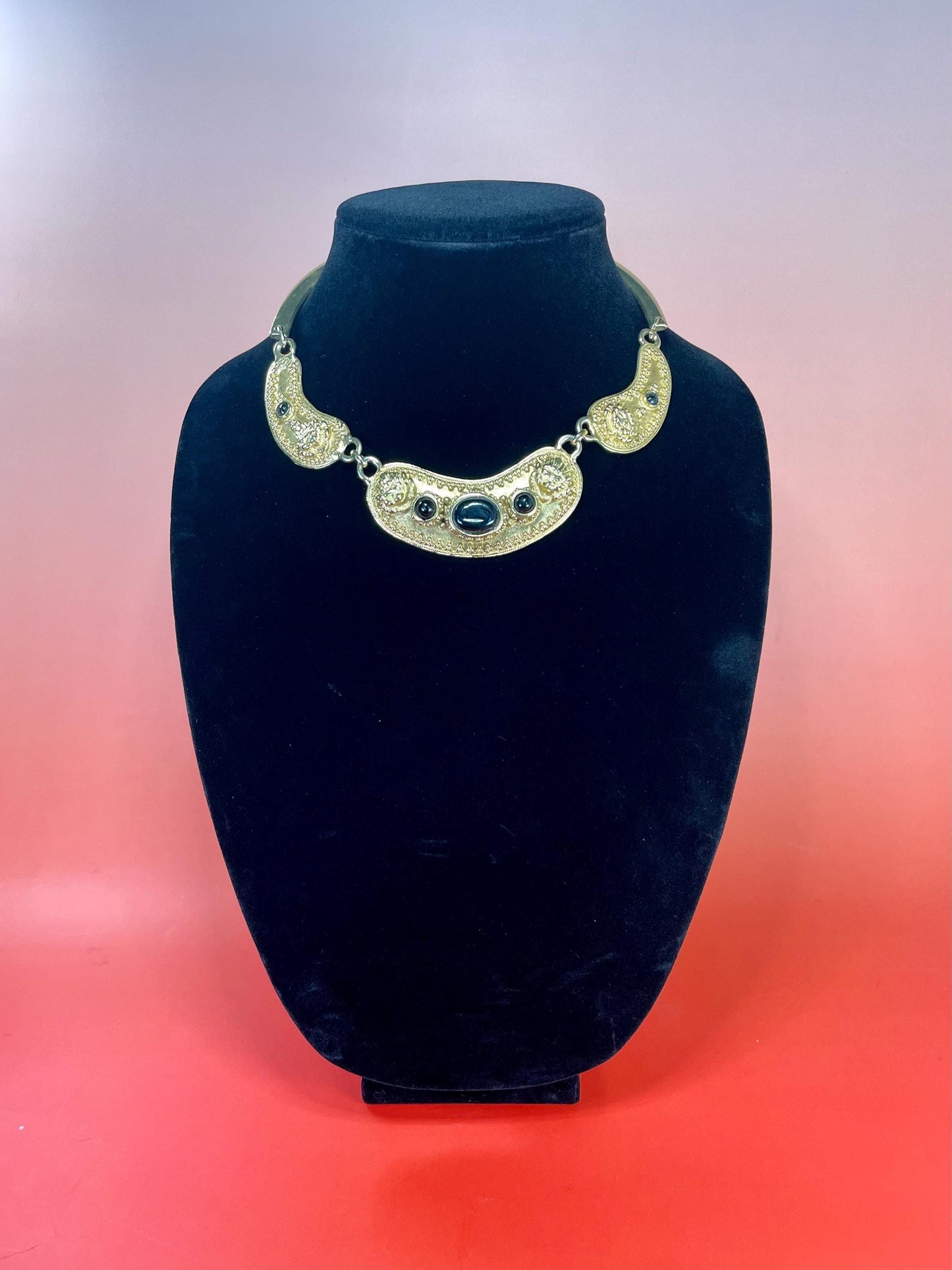 Gold-Tone Collar Necklace with Textured Details & Black Stone Accents
