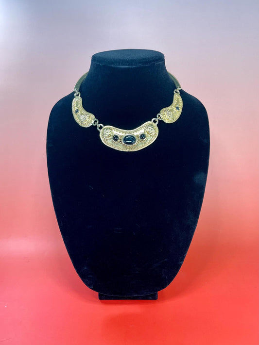 Gold-Tone Collar Necklace with Textured Details & Black Stone Accents