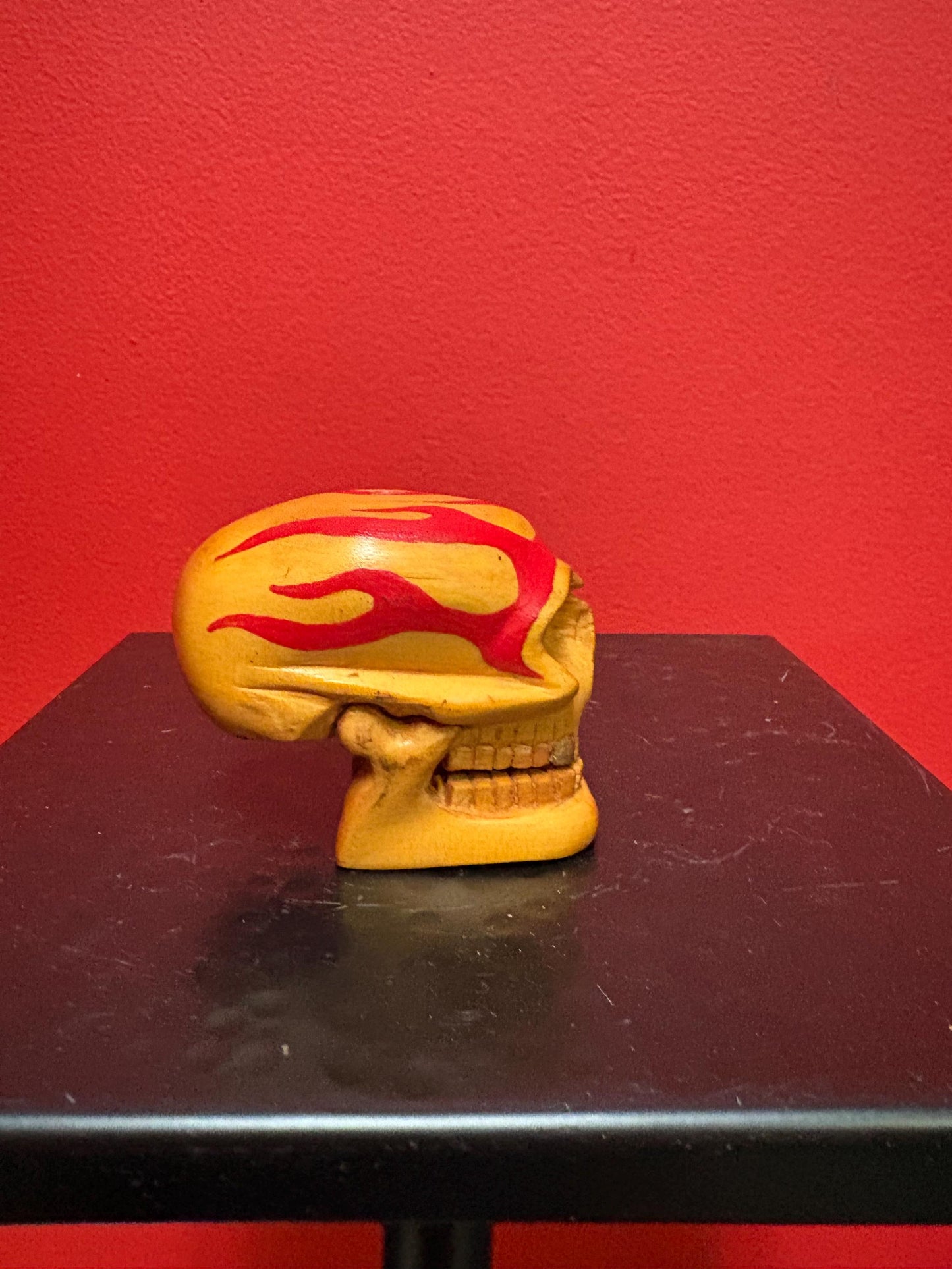Unique beautiful 2.75 x 2.25 high flaming wood skull with reticulating jaw  great gift