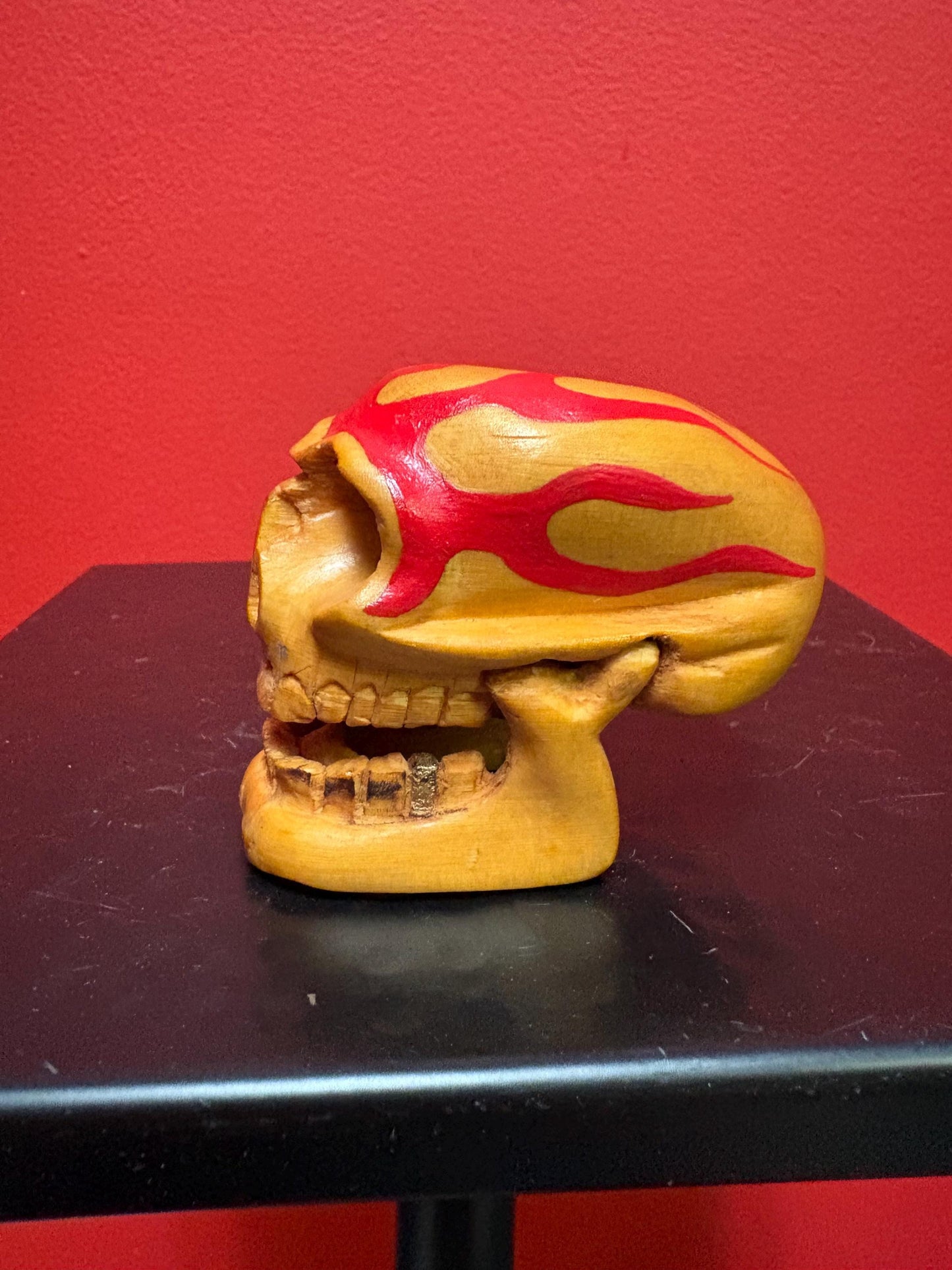 Unique beautiful 2.75 x 2.25 high flaming wood skull with reticulating jaw  great gift
