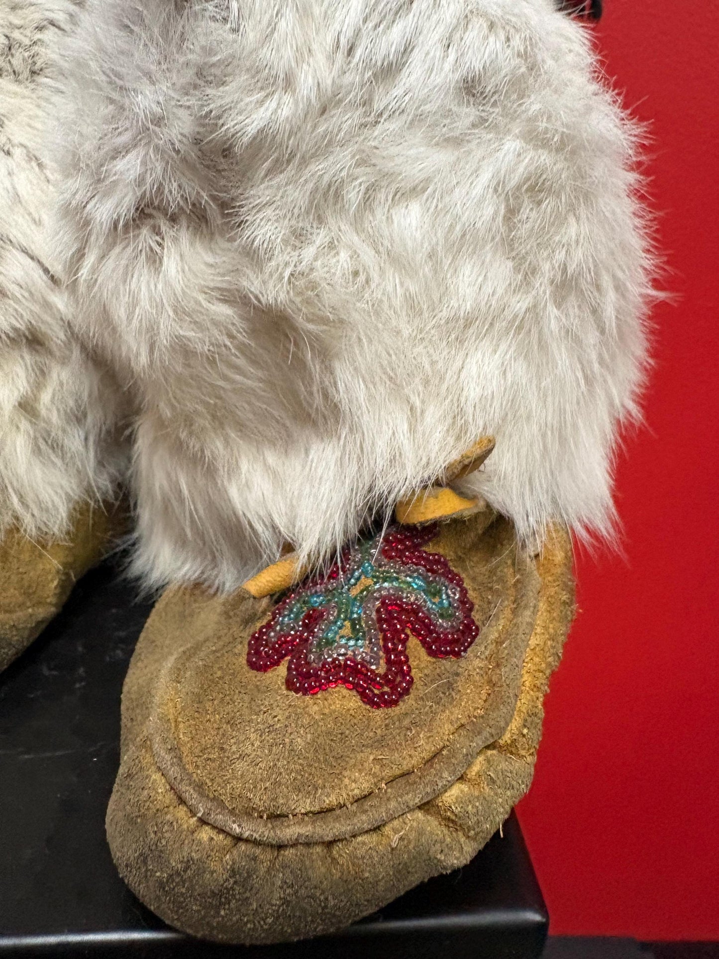 Beautiful indigenous first nations fur leather and beaded moccasin boots  12 x 10 long  As is  great decoration