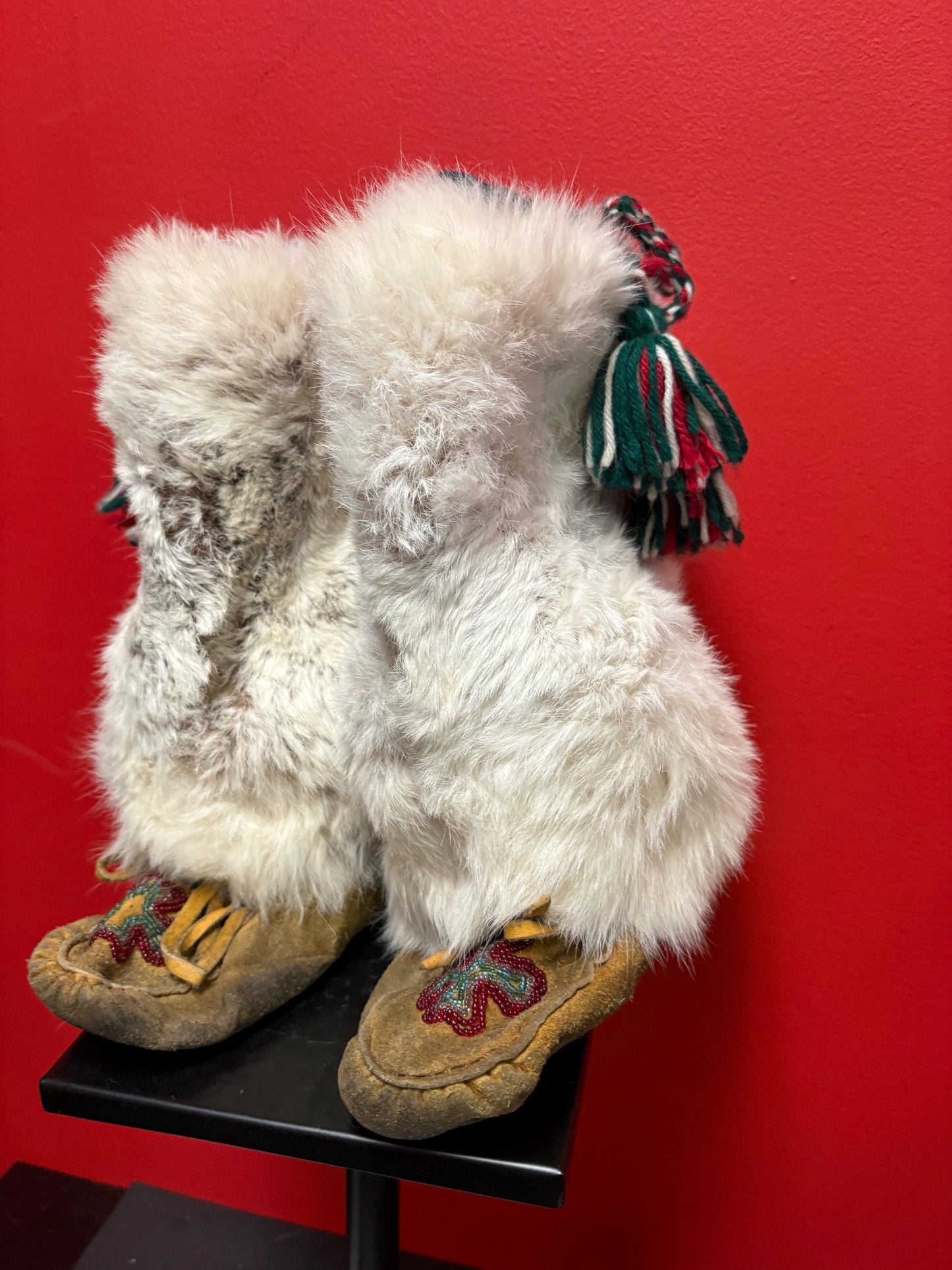 Beautiful indigenous first nations fur leather and beaded moccasin boots  12 x 10 long  As is  great decoration