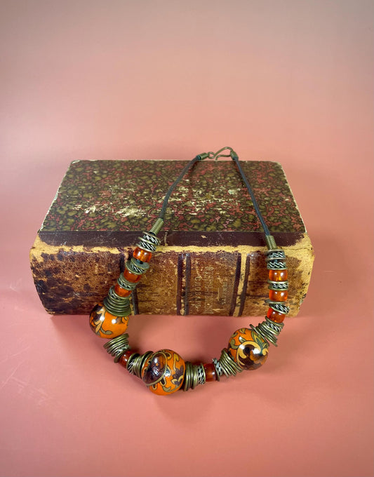 17 Painted Clay Bead Necklace with Metal Accents