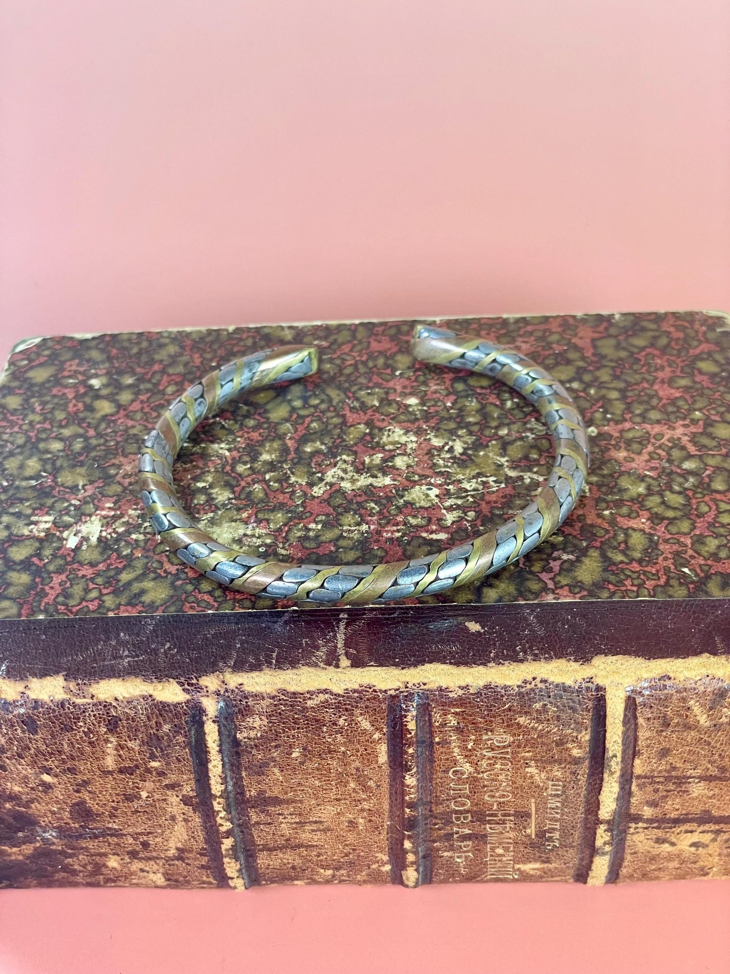 Intertwined Copper, Brass, and Untested Silver Bracelet Cuff