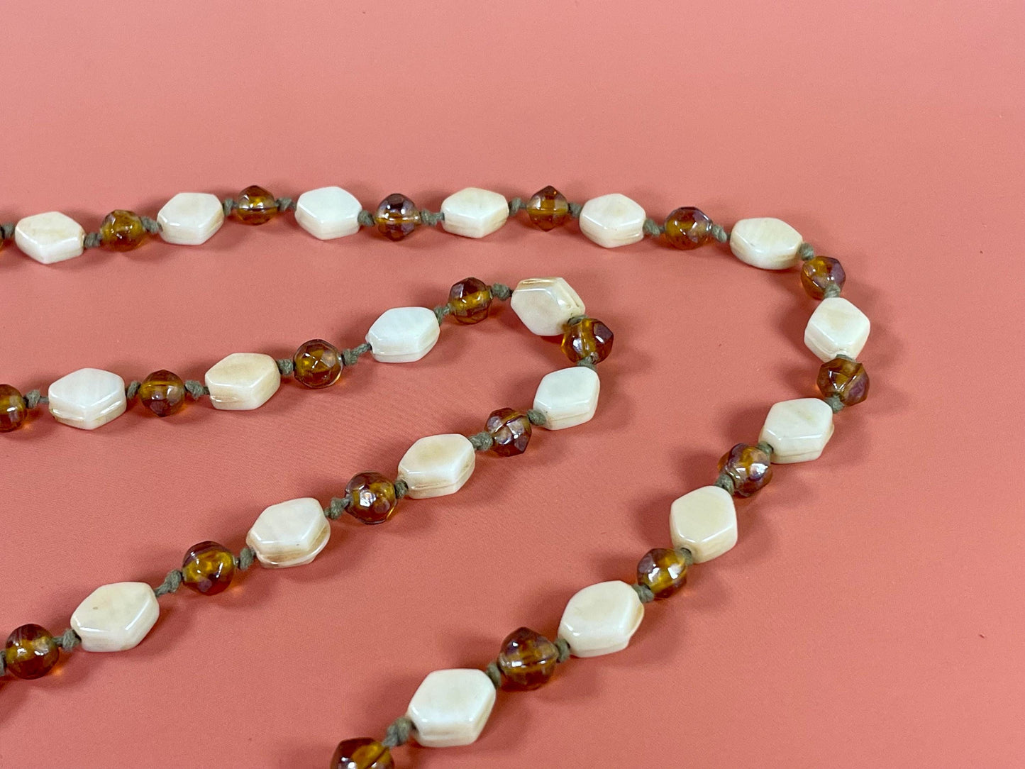 45 Amber and Pearl-Colored Beaded Necklace