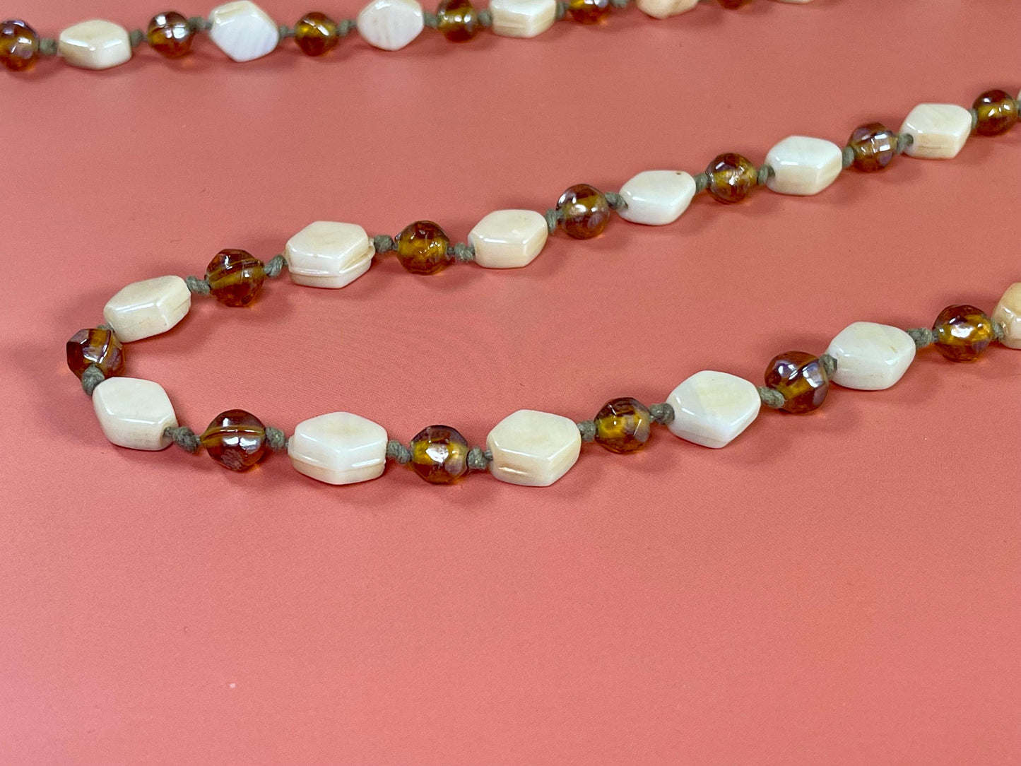 45 Amber and Pearl-Colored Beaded Necklace