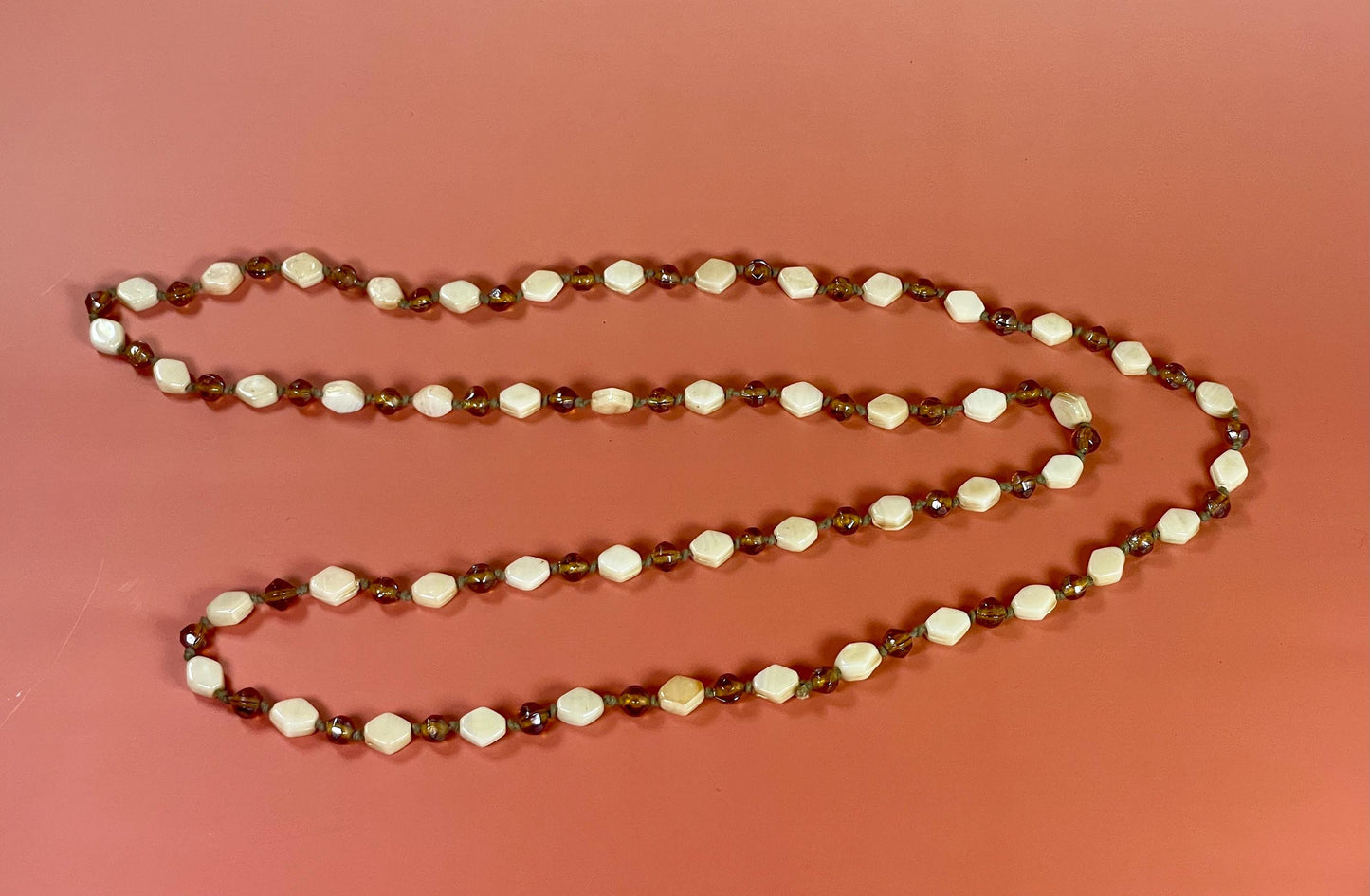 45 Amber and Pearl-Colored Beaded Necklace