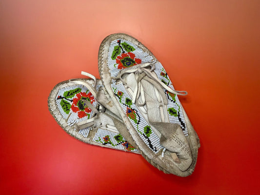 9.75 inch indigenous first nations antique leather and beaded moccasins  lovely design