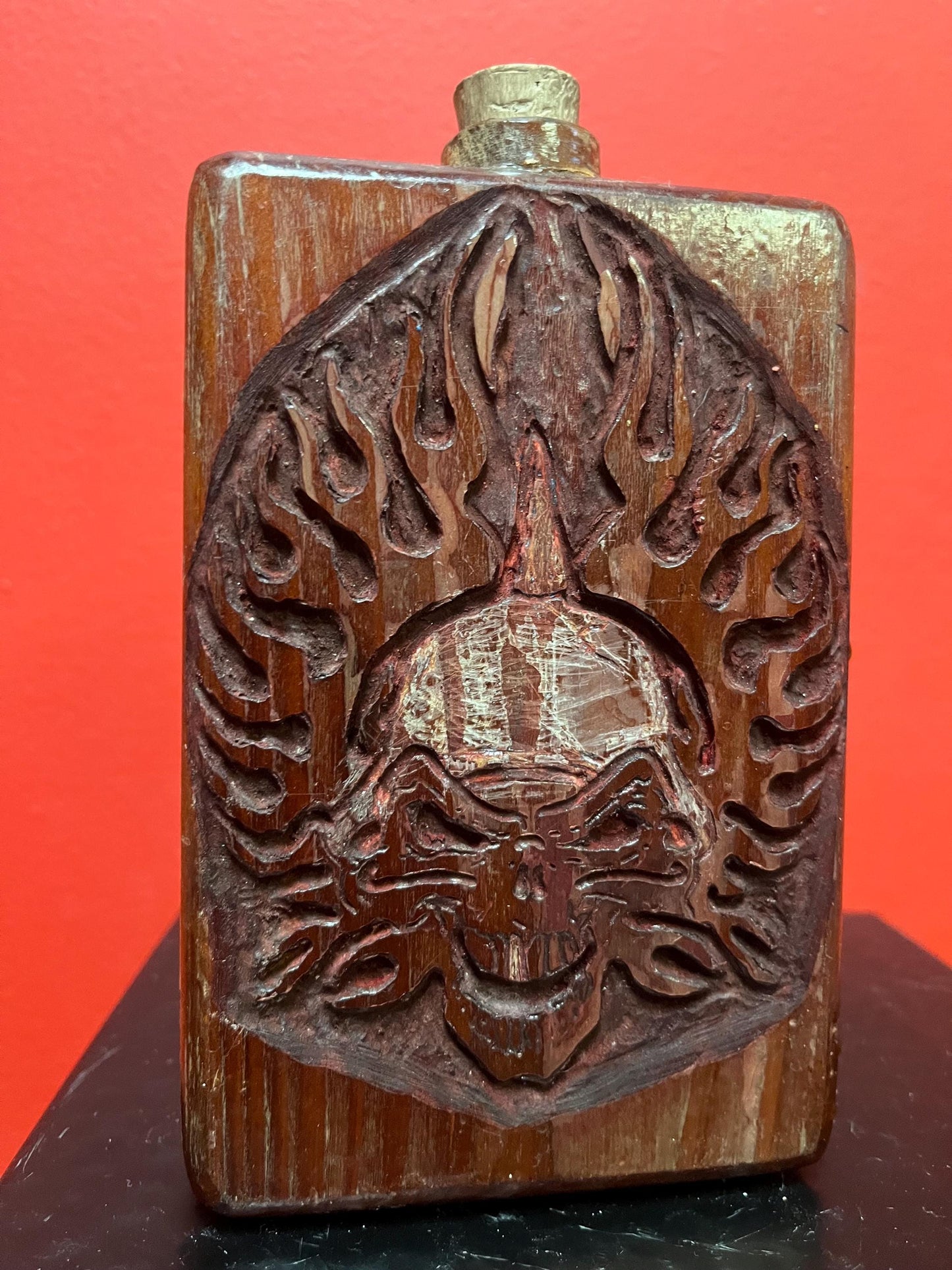 Lovely old 6 x 4 skull flask  ready to use unique wooden beauty