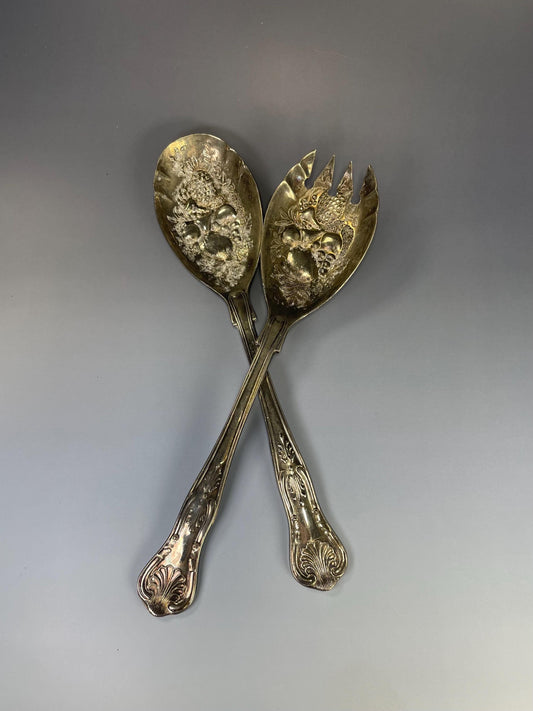 Lovely pair Antique Italian 9 inch long silver plated berry spoons  wonderful gift