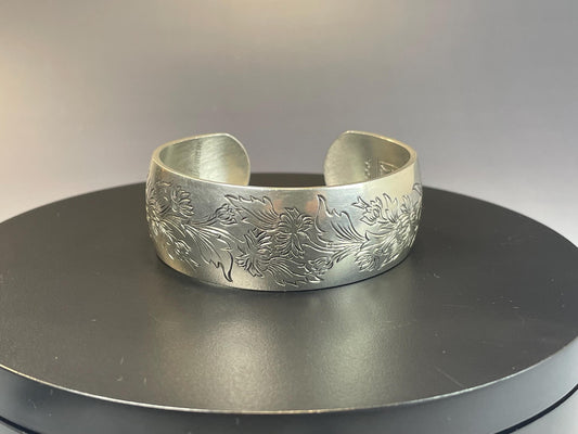 2 1/2 inch wide Pewter Cuff with Lovely Chrysanthemum Flowers