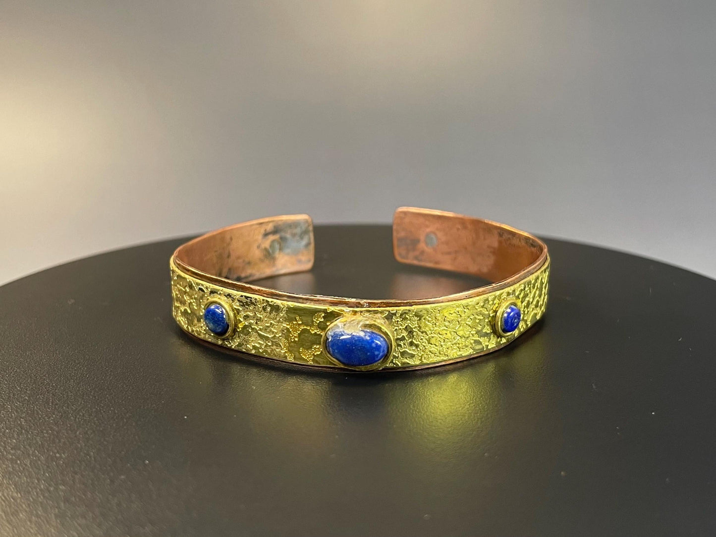 Bold Gilded Copper Cuff Bracelet with Lovely Blue Stones  2.5 Wide