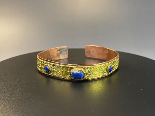 Bold Gilded Copper Cuff Bracelet with Lovely Blue Stones  2.5 Wide